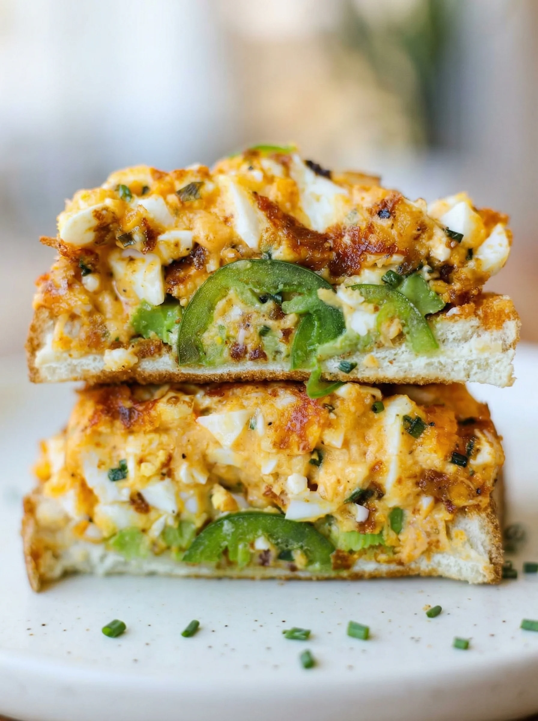 A sandwich with egg salad and peppers.