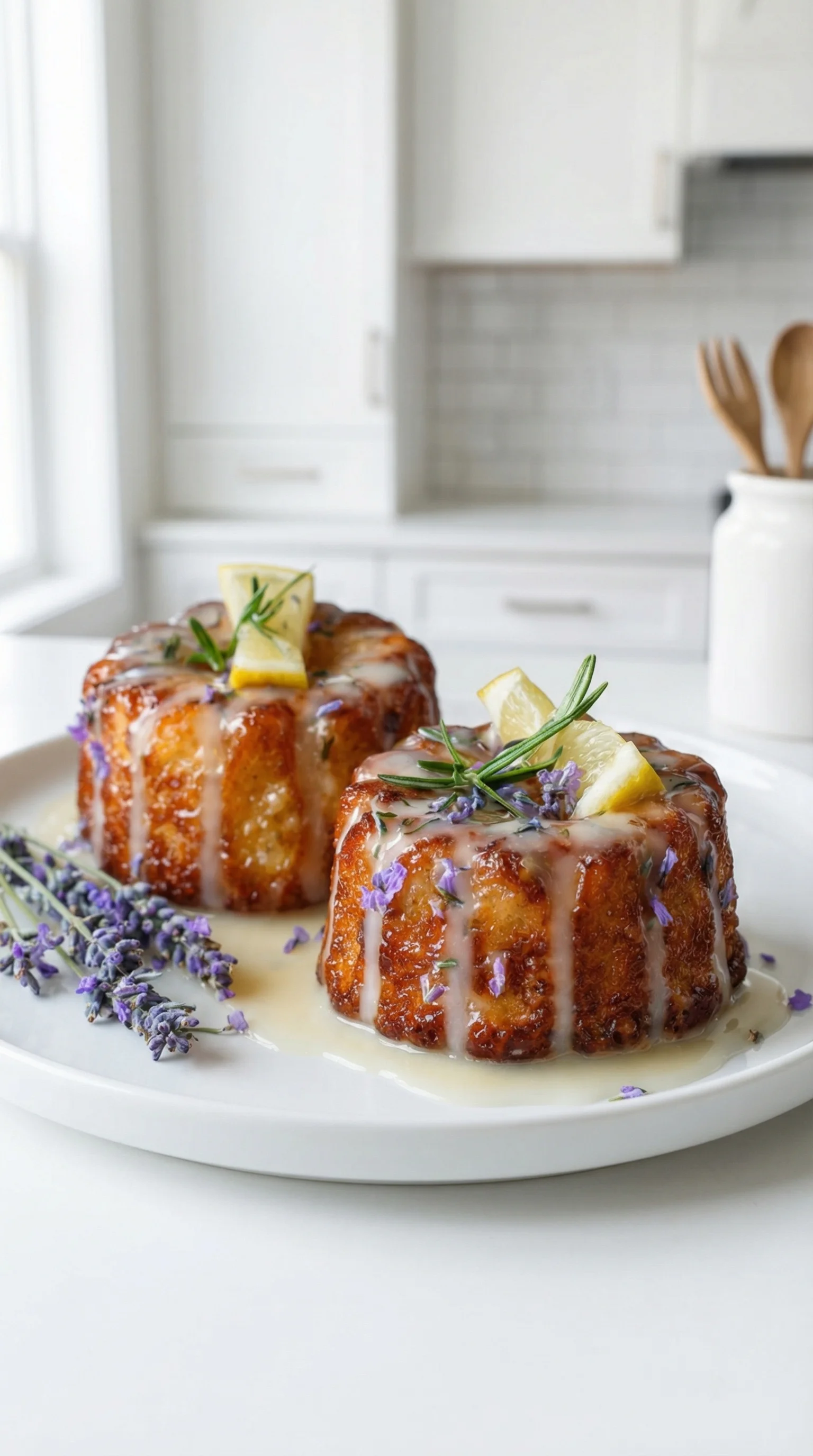 mini lemon cakes with lavender glaze.