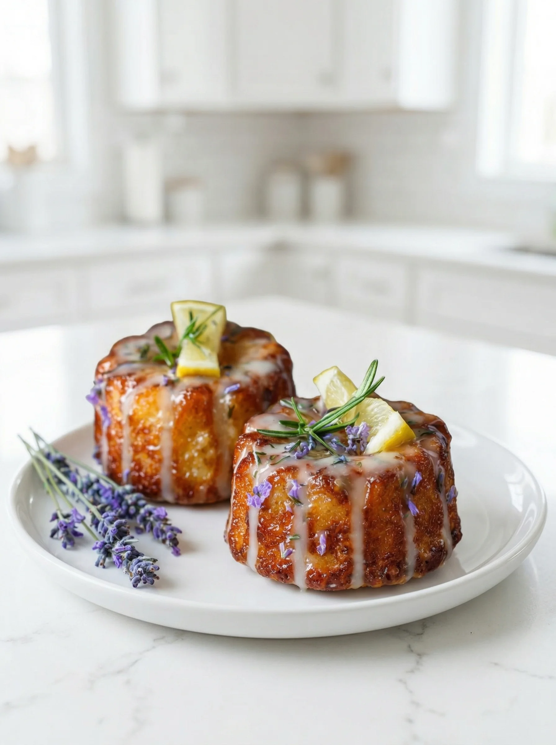 Two mini lemon cakes lavender glaze.