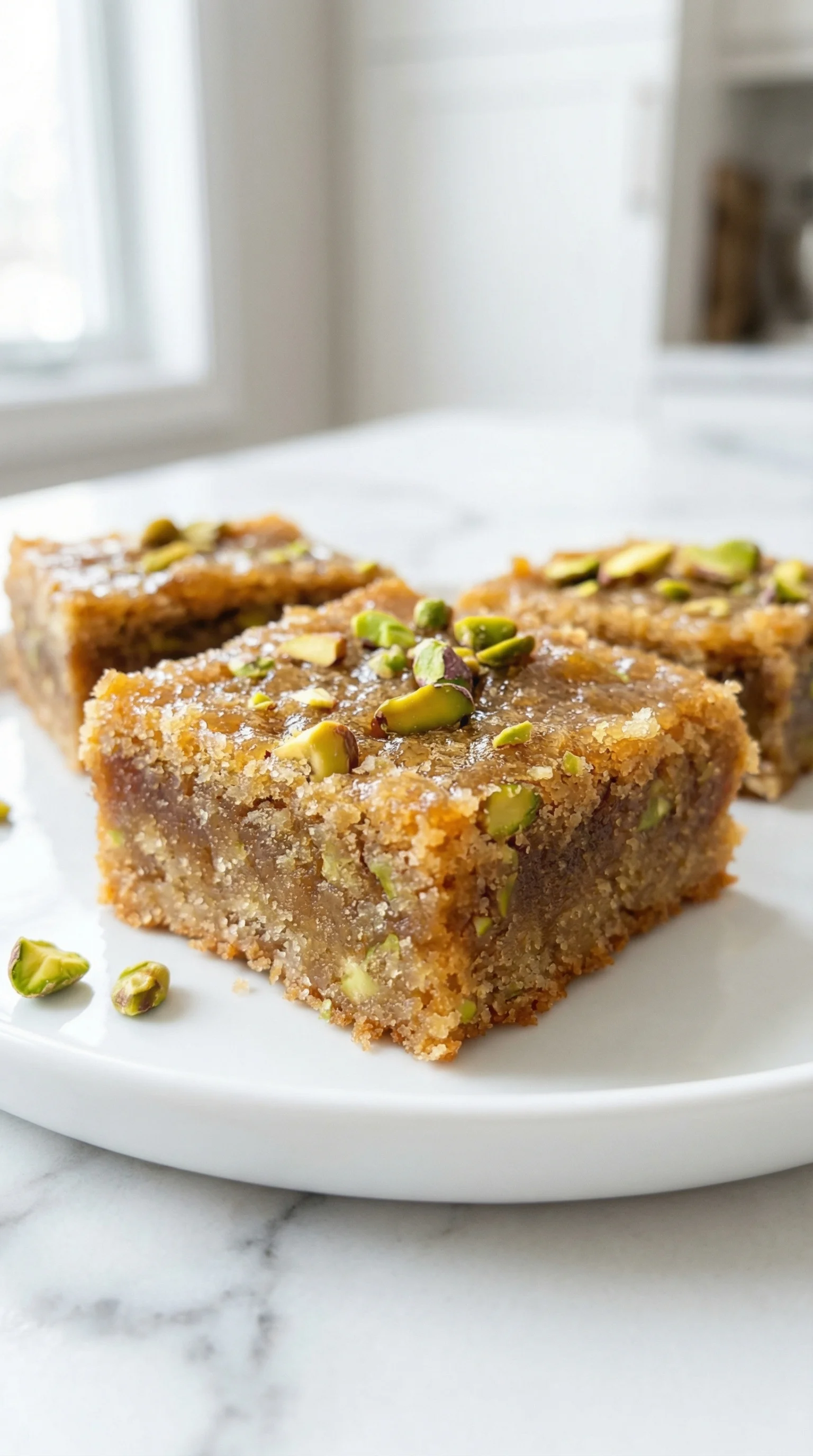 A plate with two pieces of brown butter and honey pistachio cookie bars.