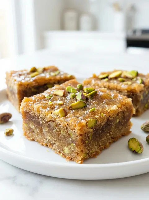 A plate with a slice of brown butter and honey pistachio cookie bars.