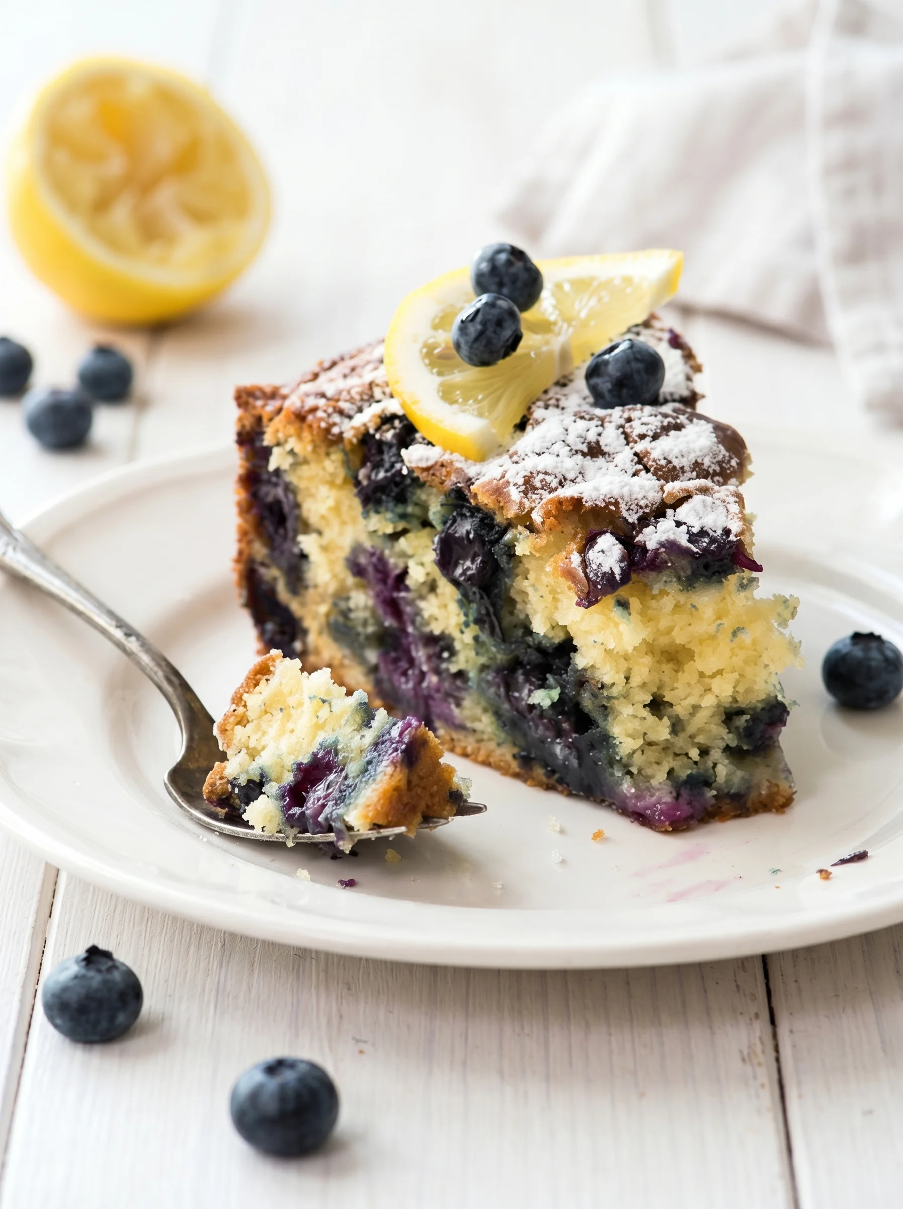 A slice of blueberry lemon yogurt cake.