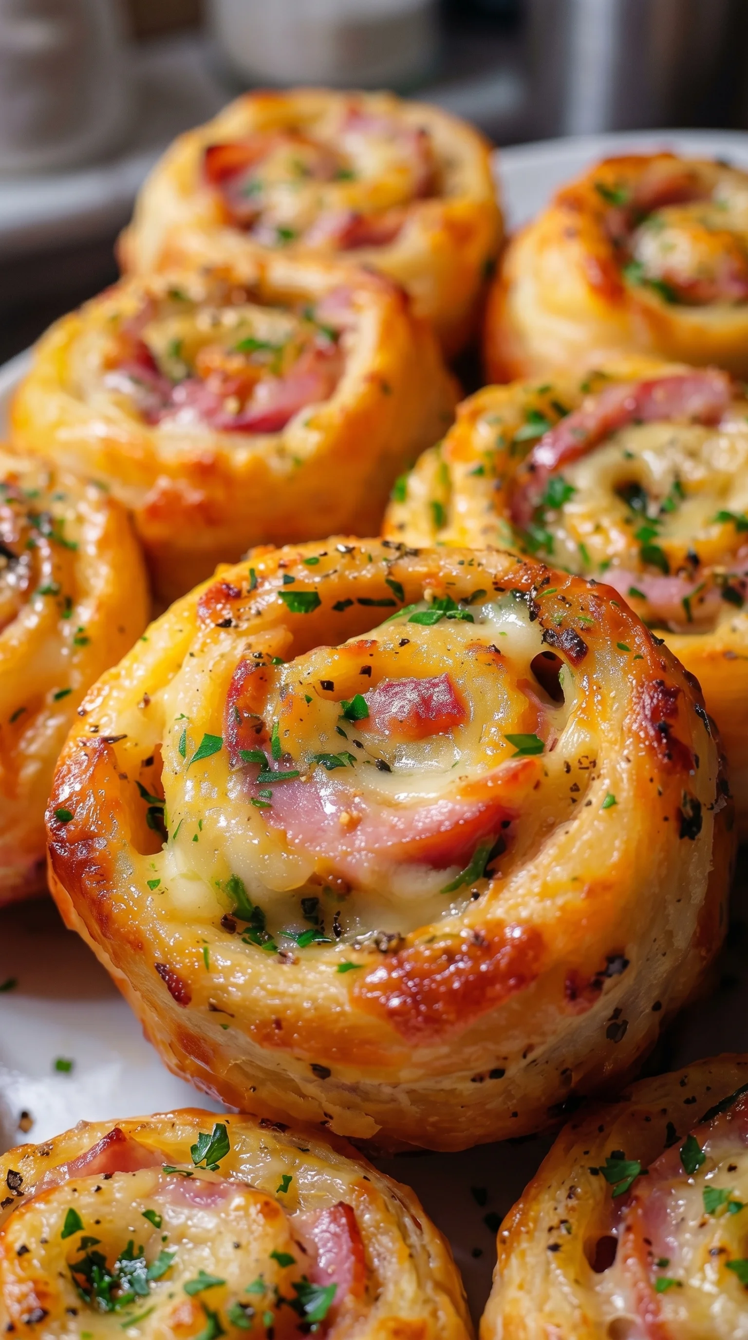 A plate of ham and cheddar pinwheels.