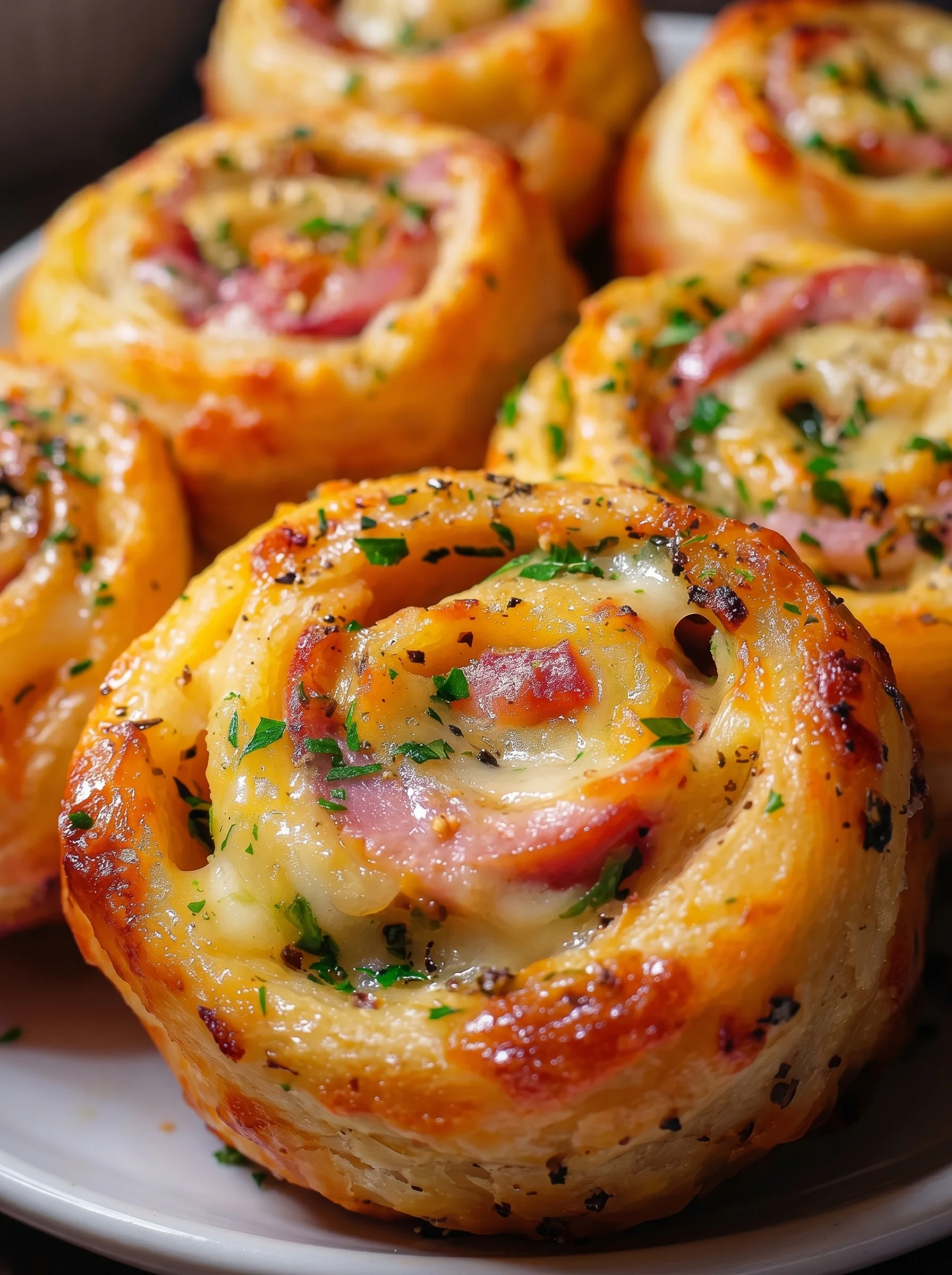 A plate of ham and cheddar pinwheels.