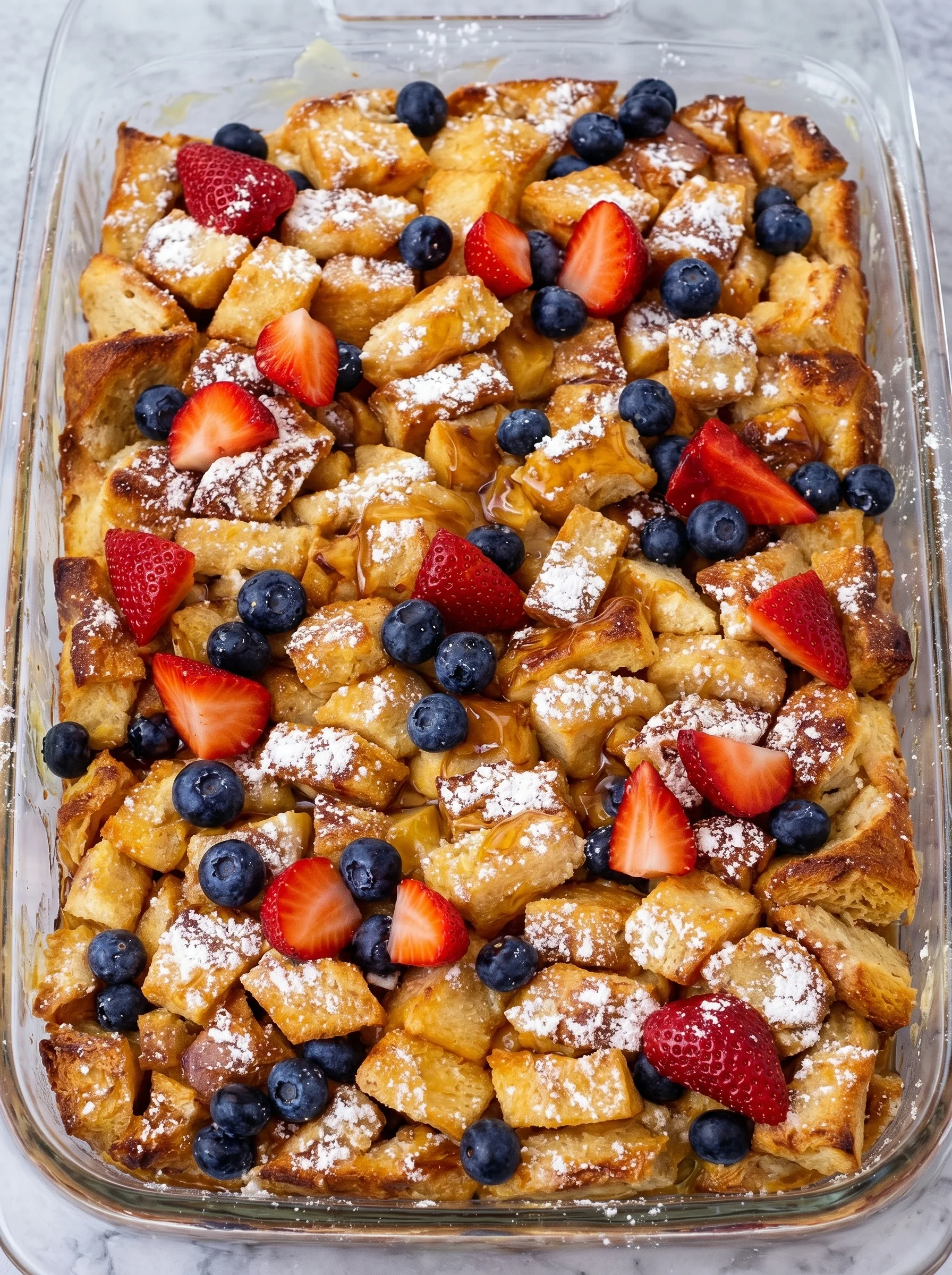 A close up of a Dump & Bake French Toast Casserole.