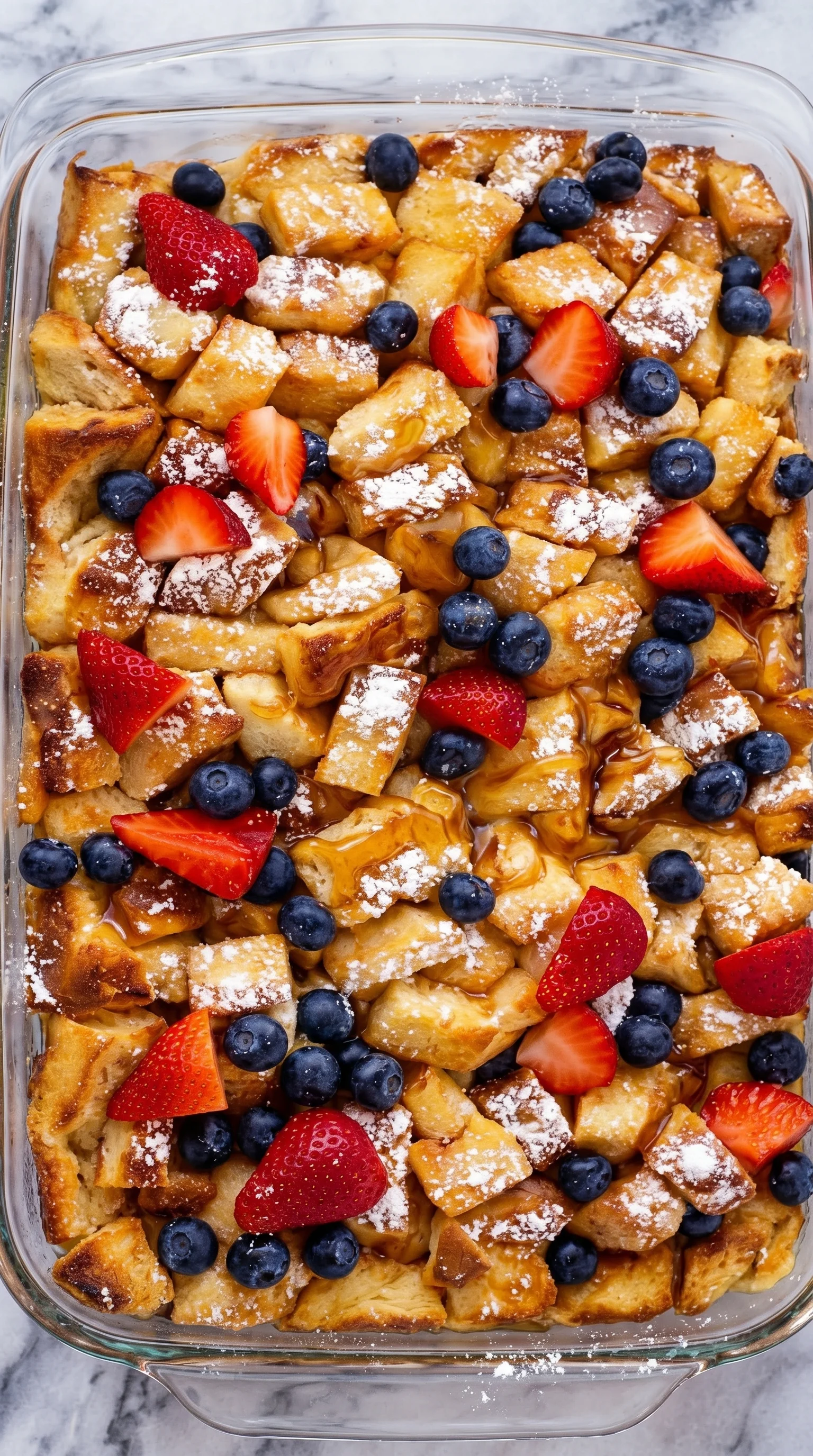 A close up of a French toast casserole with blueberries and strawberries.