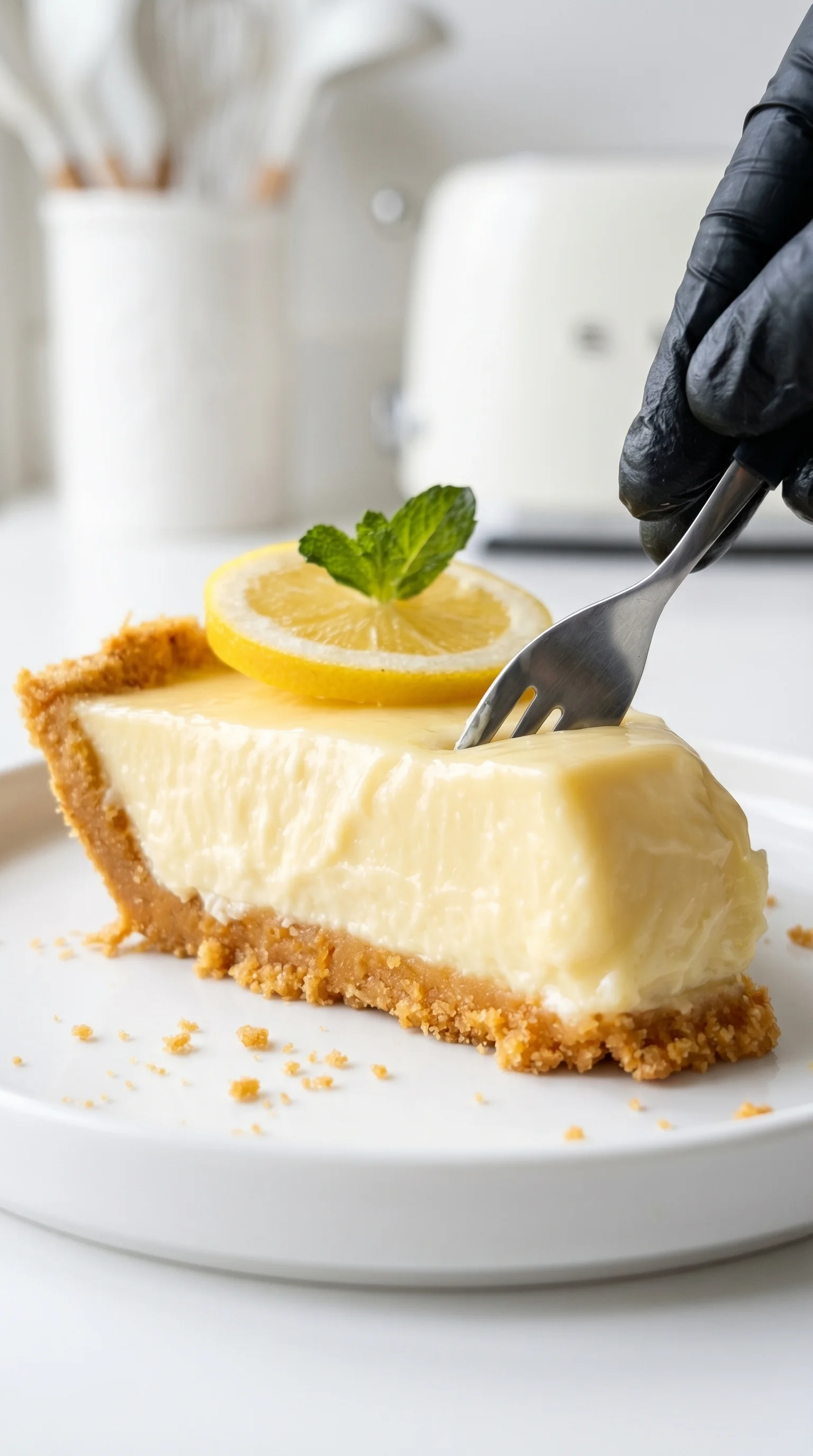 A slice of lemon pie with a fork in it.