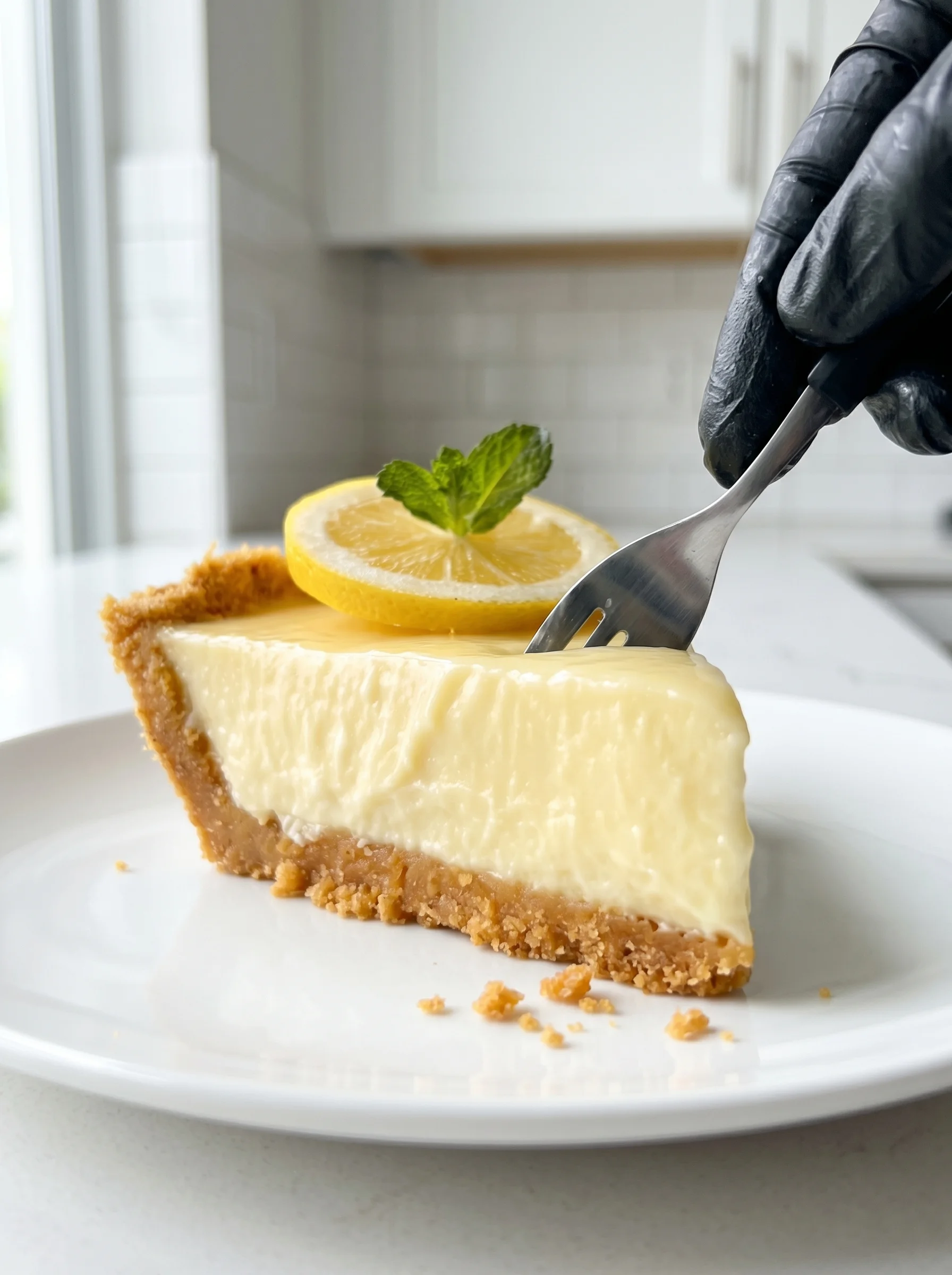 A slice of lemon pie with a fork in it.
