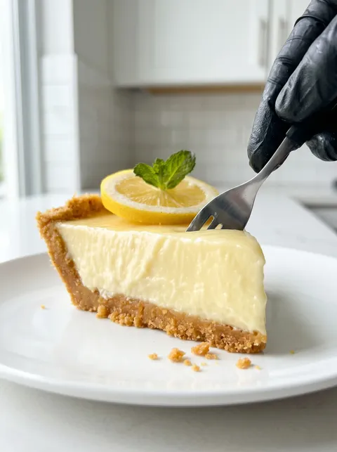 A slice of lemon pie with a fork in it.
