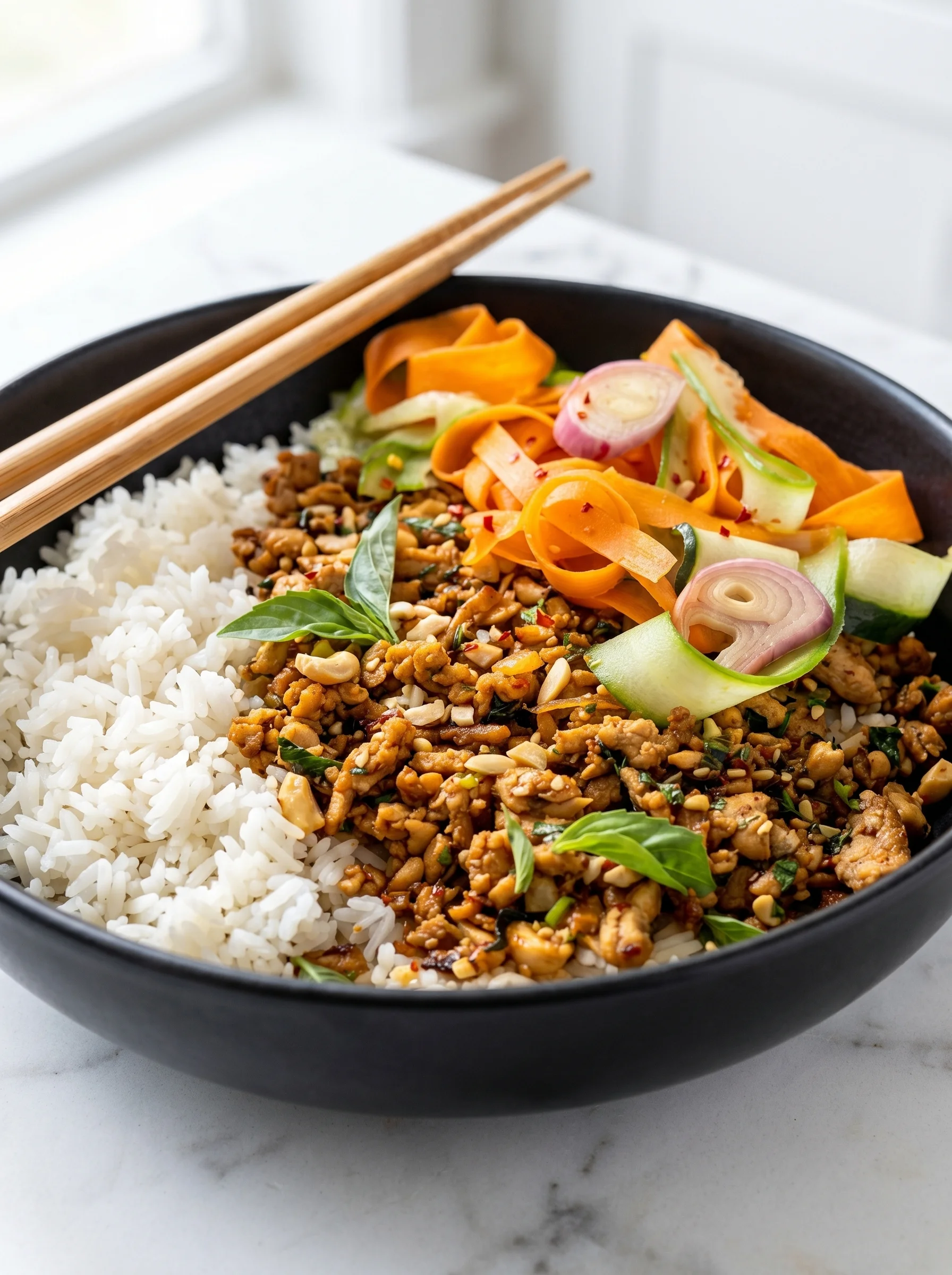 A bowl of chicken and vegetables with rice and chopsticks.