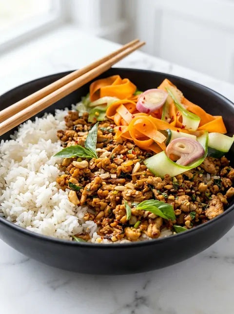 A bowl of chicken and vegetables with rice and chopsticks.