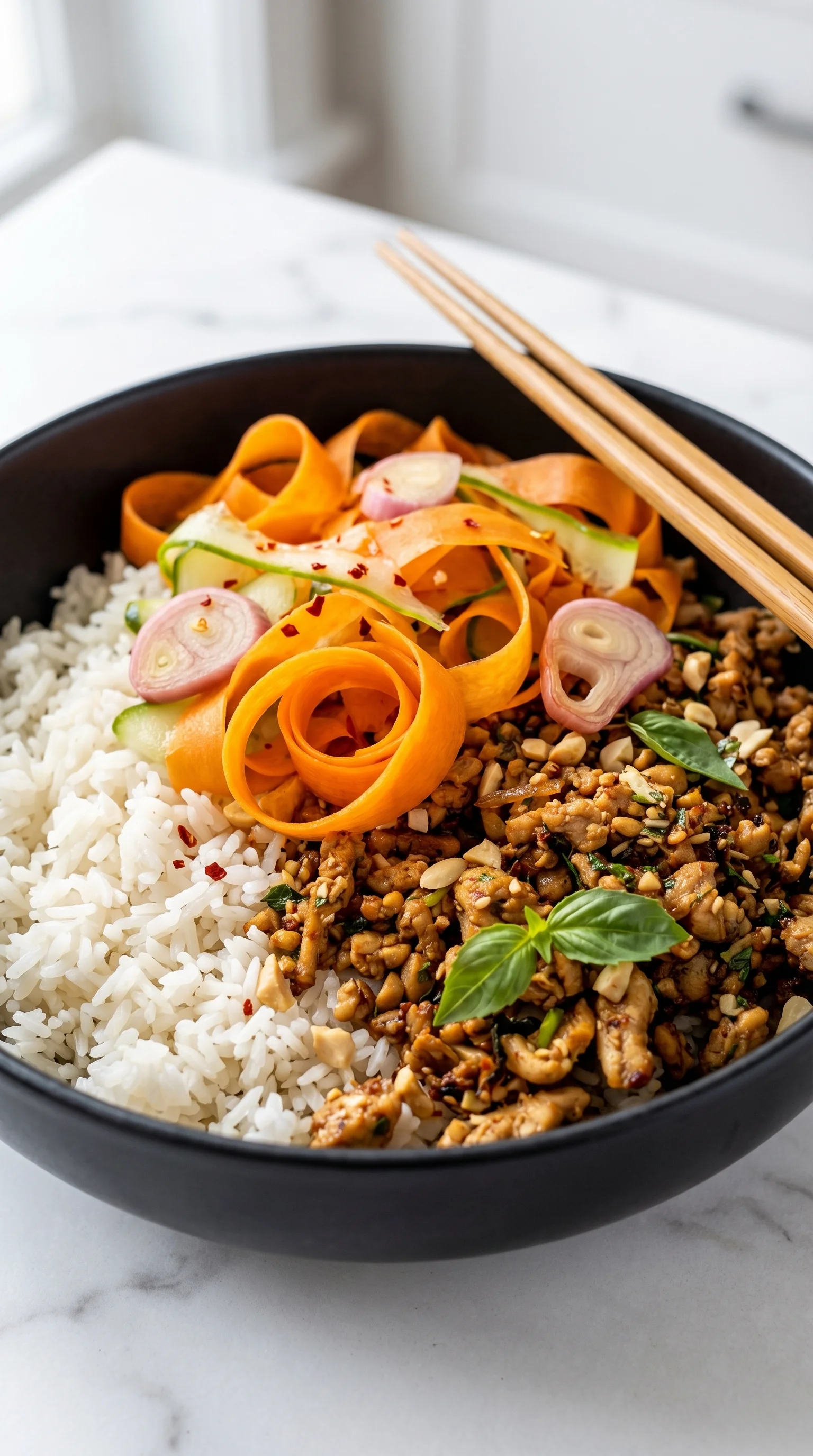 A bowl of food with chicken, rice, and pickled vegetables.