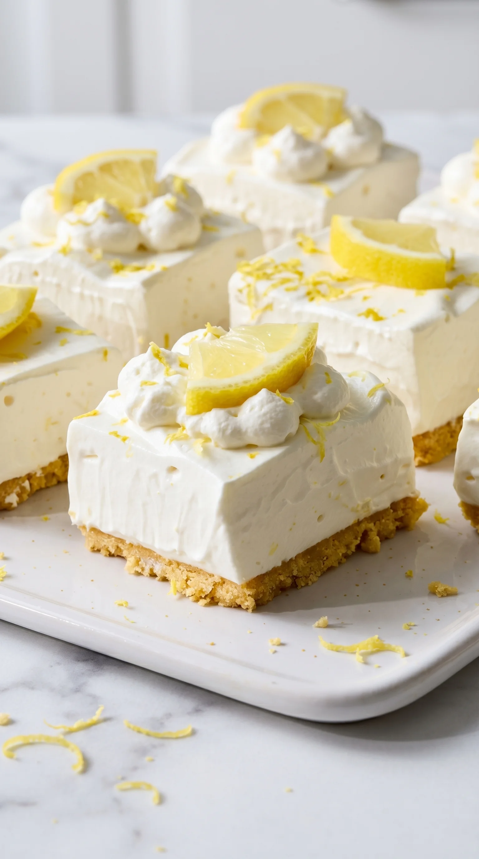 A plate of lemon bars with white icing and lemon wedges.