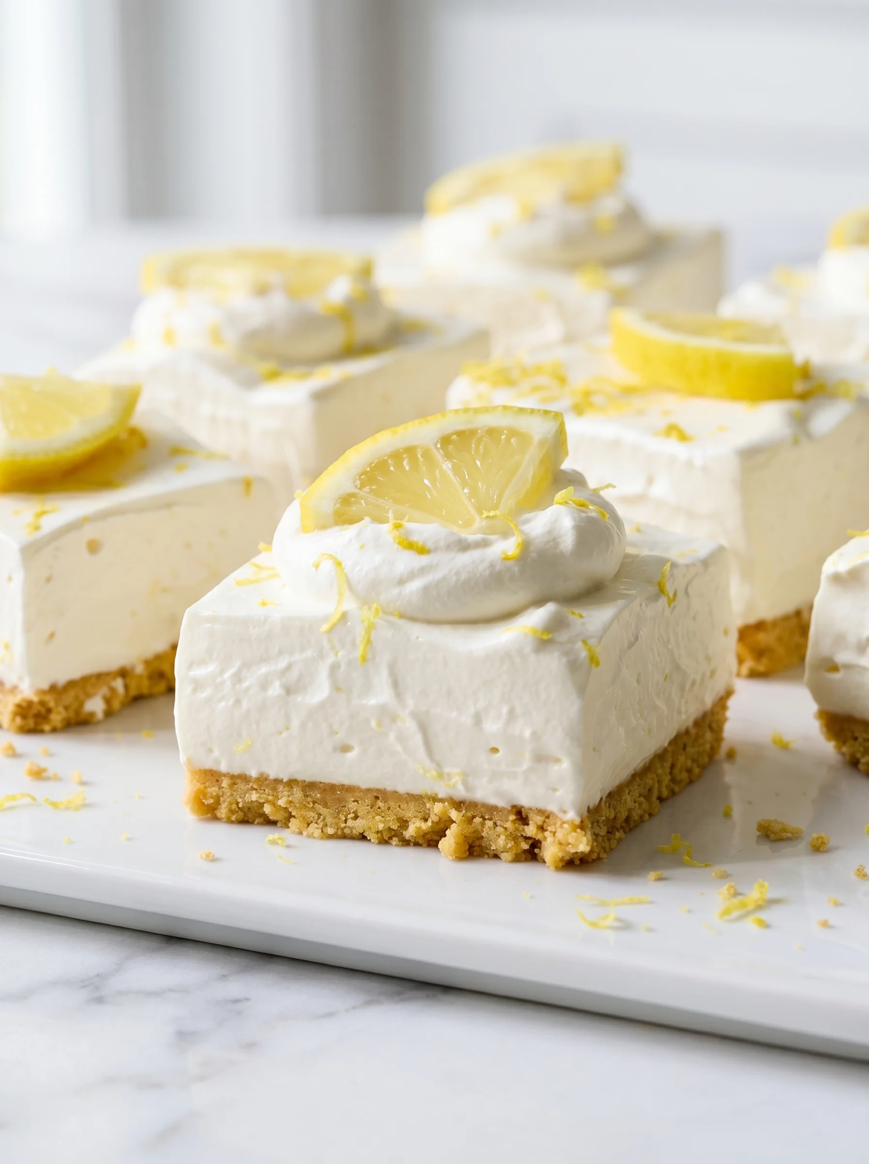 A plate of lemon bars with white icing and lemon wedges.
