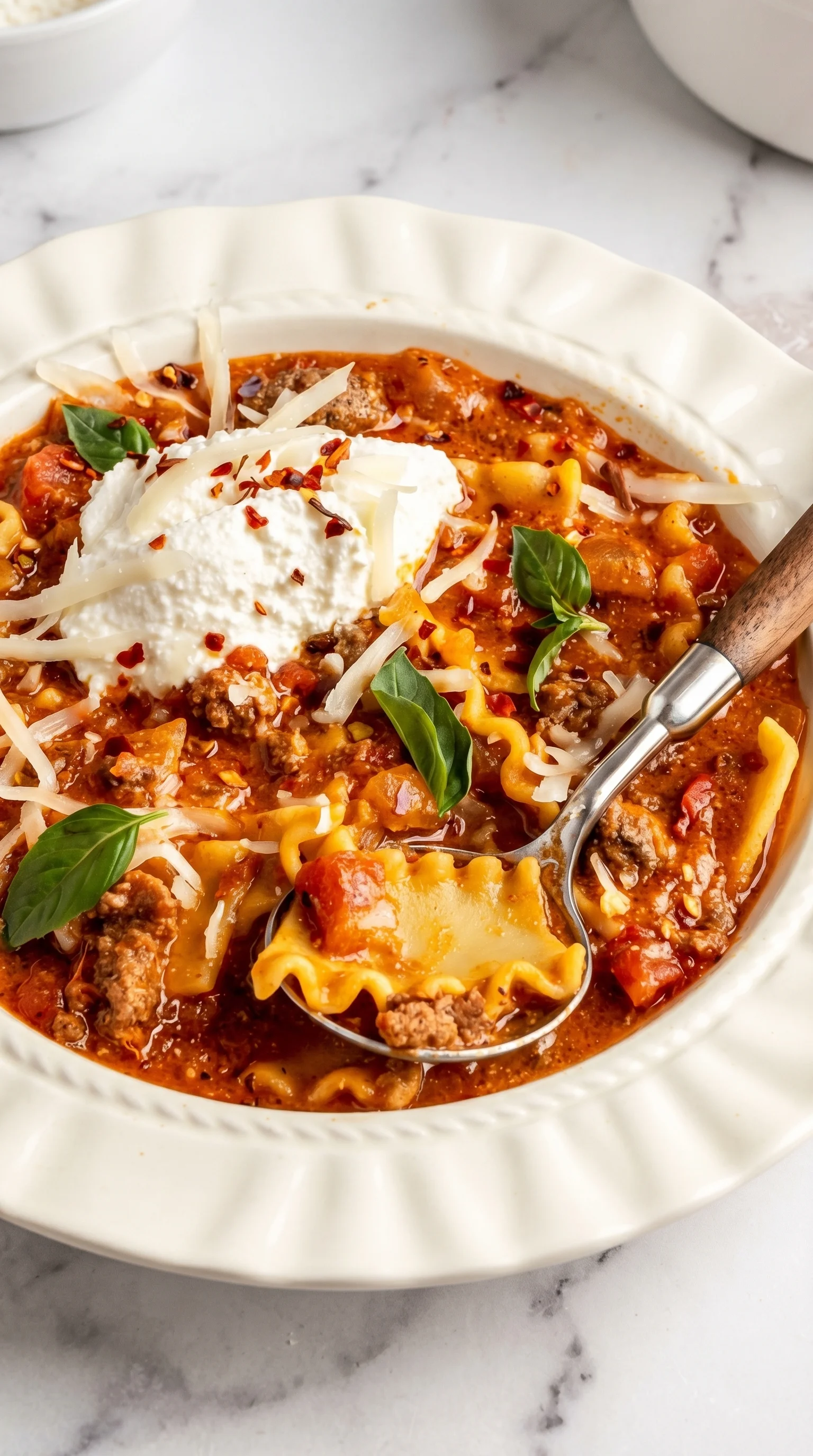 A bowl of lasagna soup with a spoon in it.