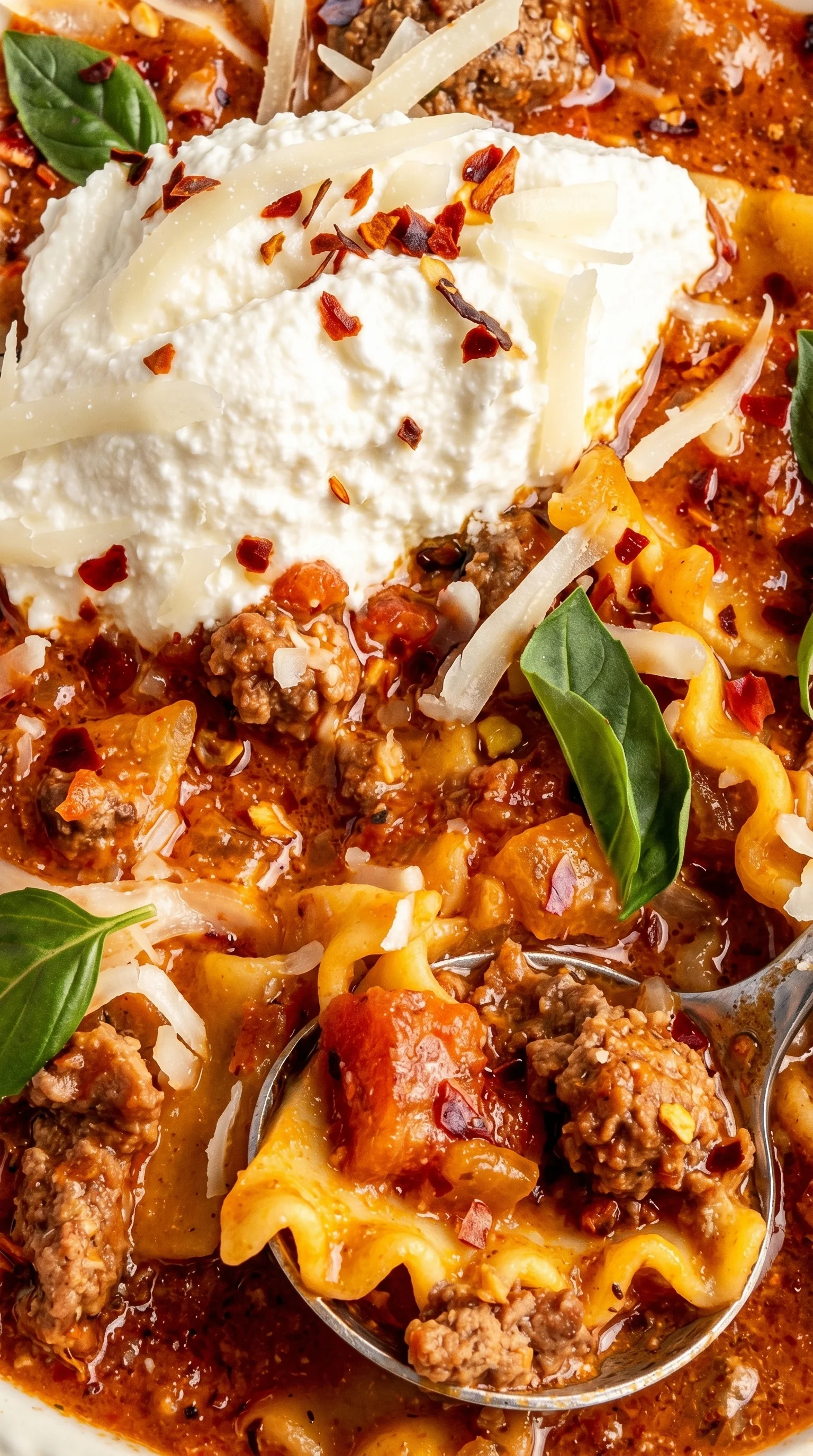 A close up of a bowl of lasagna soup.