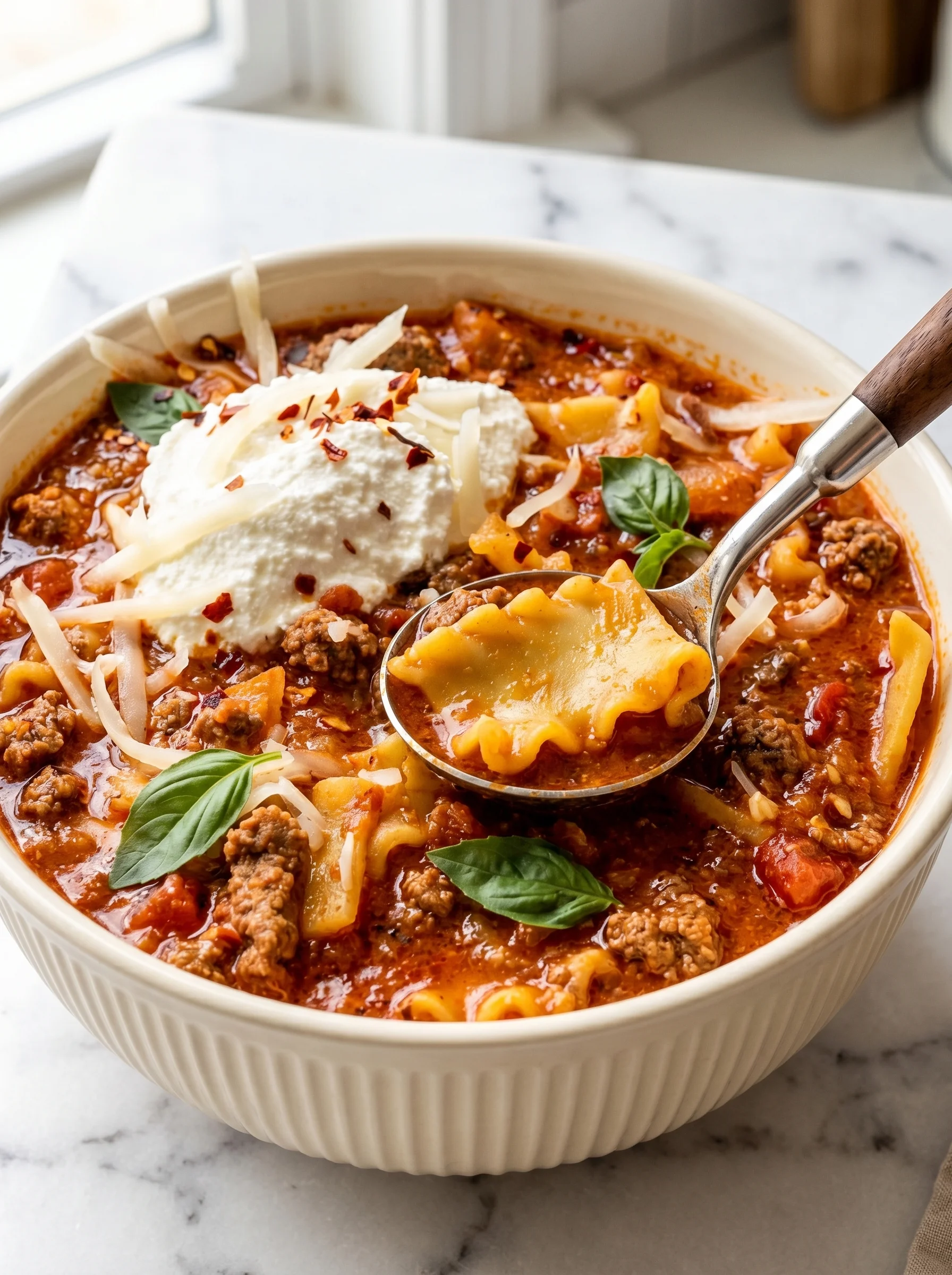 A bowl of lasagna soup with a spoon.