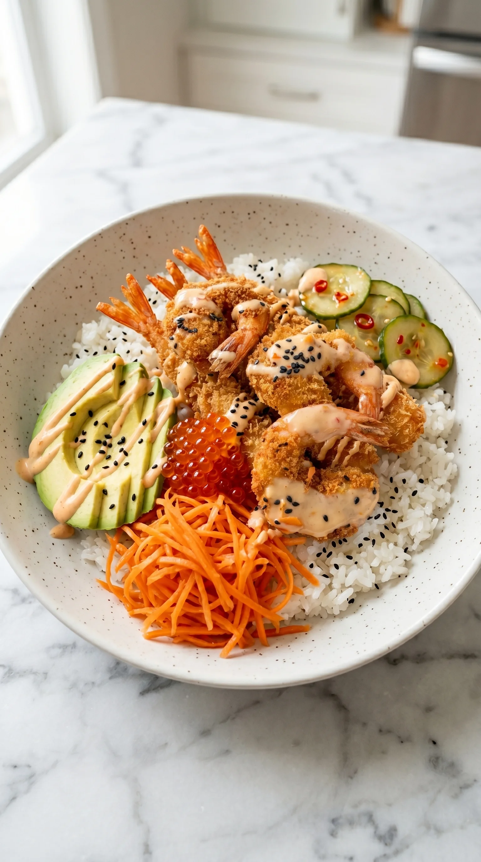 A bowl of shrimp and vegetables.