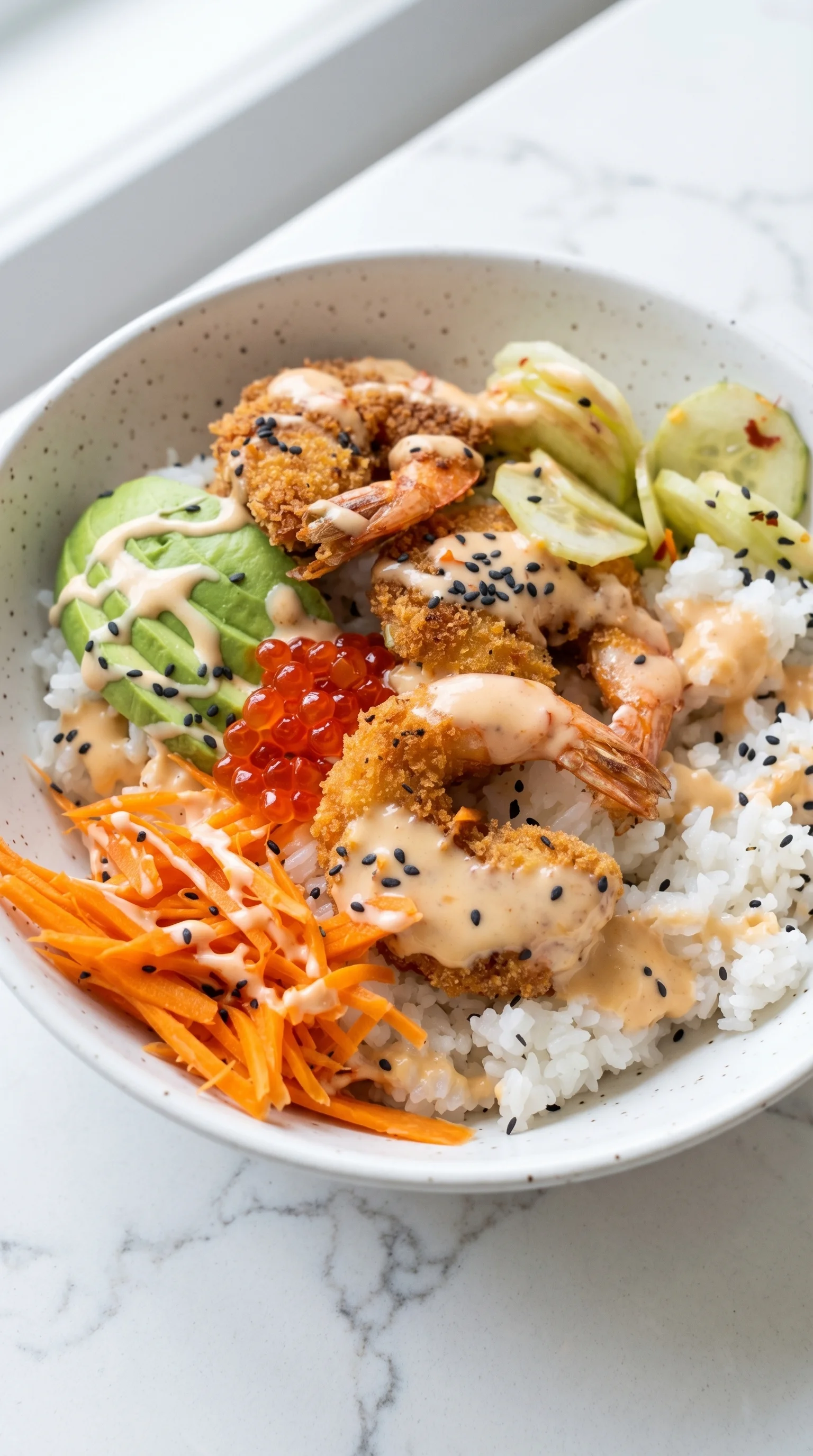 A bowl of shrimp and rice with a spicy sauce.