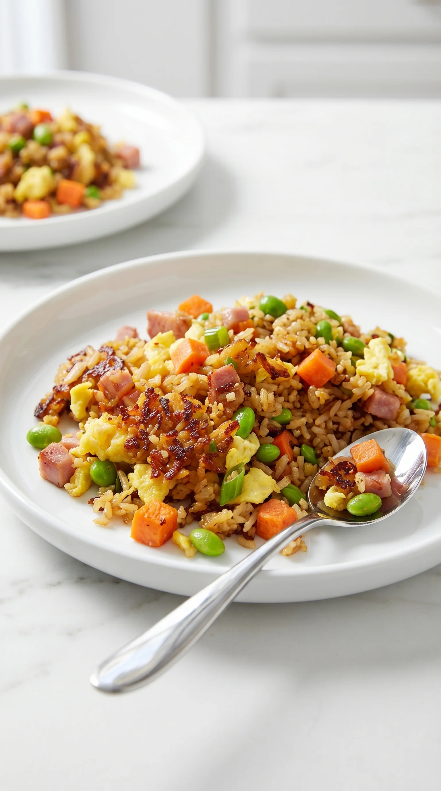 A plate of baked fried rice with peas and carrots.