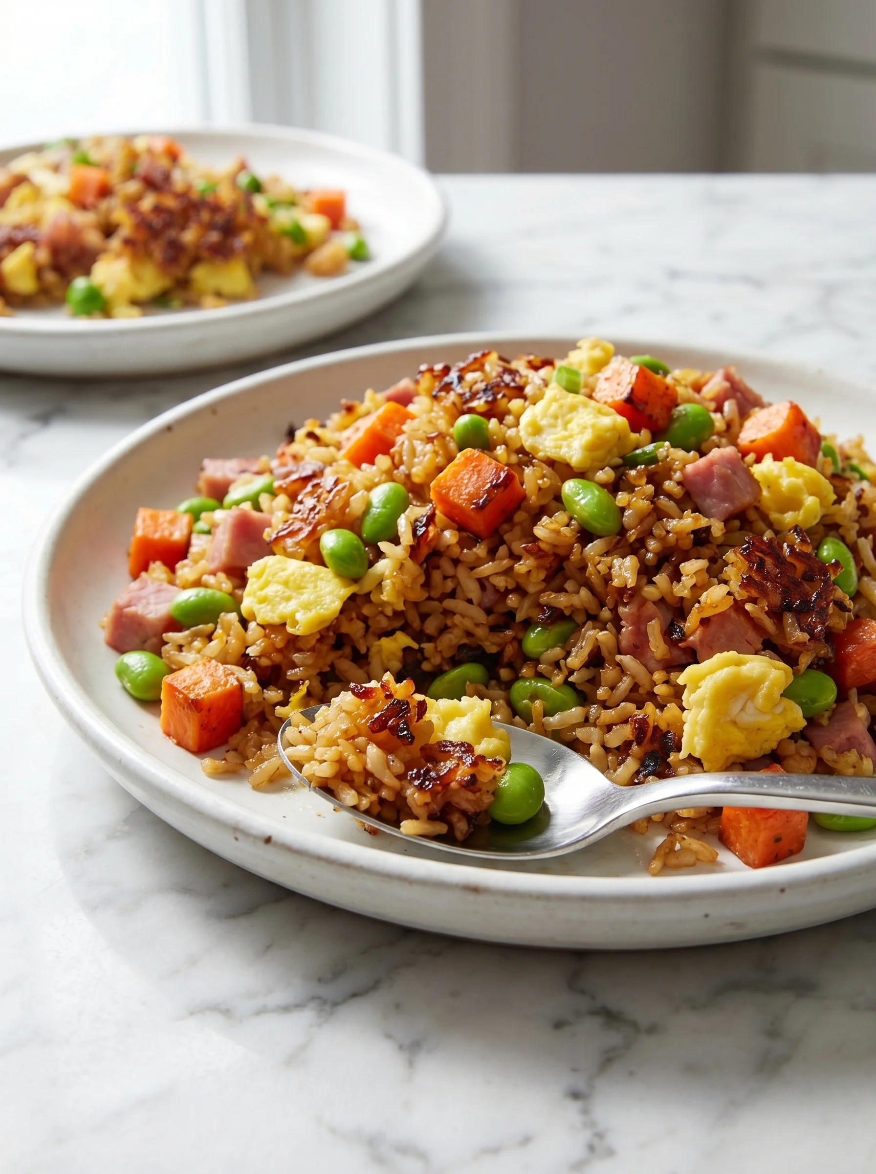 A plate of baked fried rice with peas.
