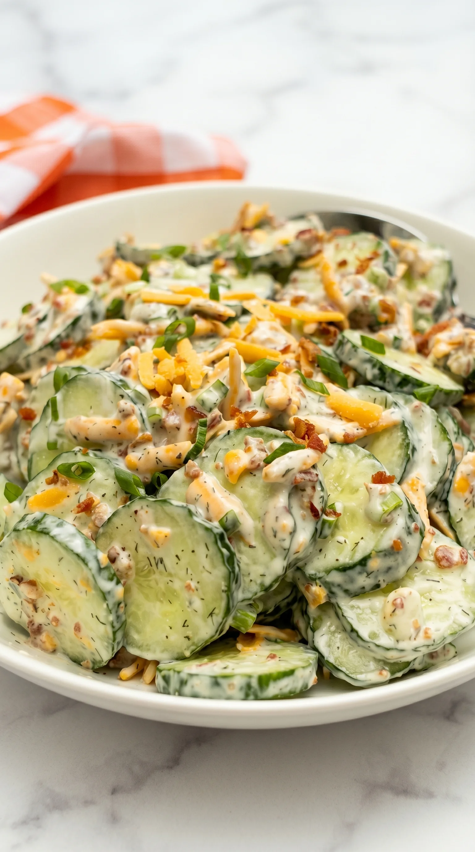 A bowl of cucumber salad with cheese and bacon.