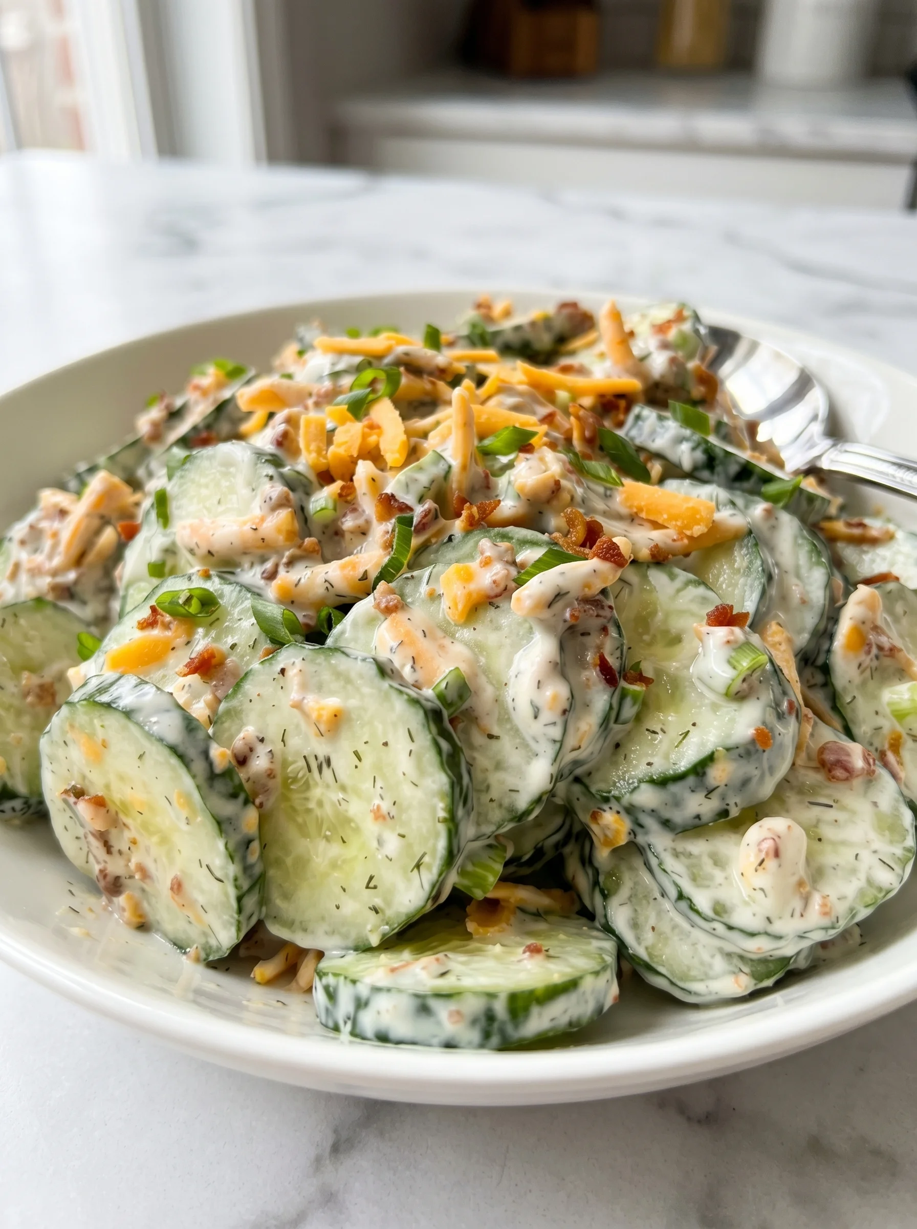 A white bowl filled with a salad of cucumbers and cheese.