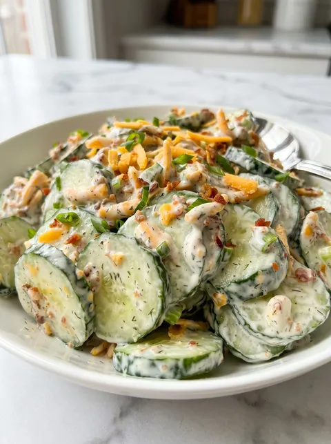 A white bowl filled with a salad of cucumbers and cheese.