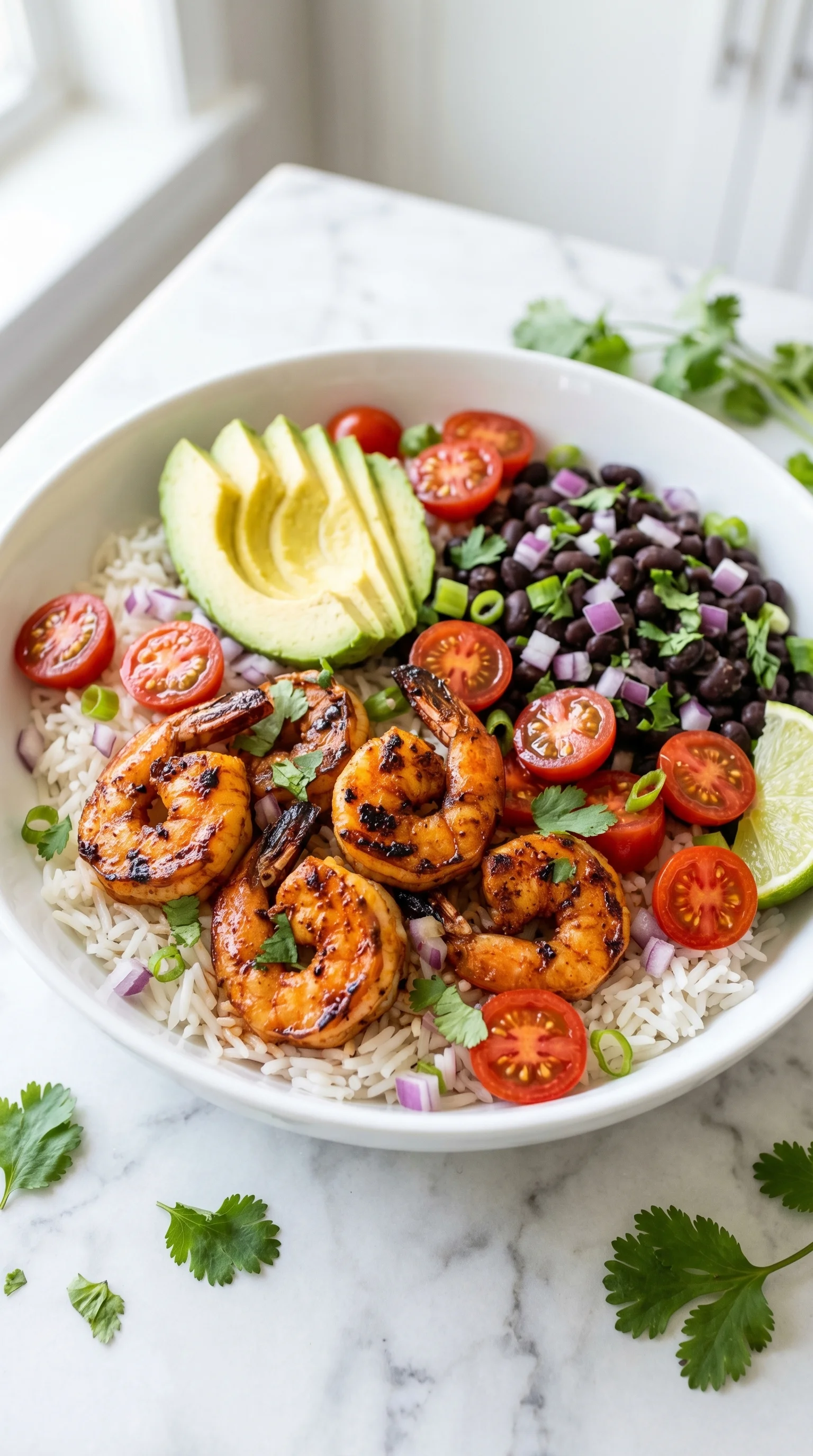 A bowl of shrimp with tomatoes, avocado, black beans, and lime.