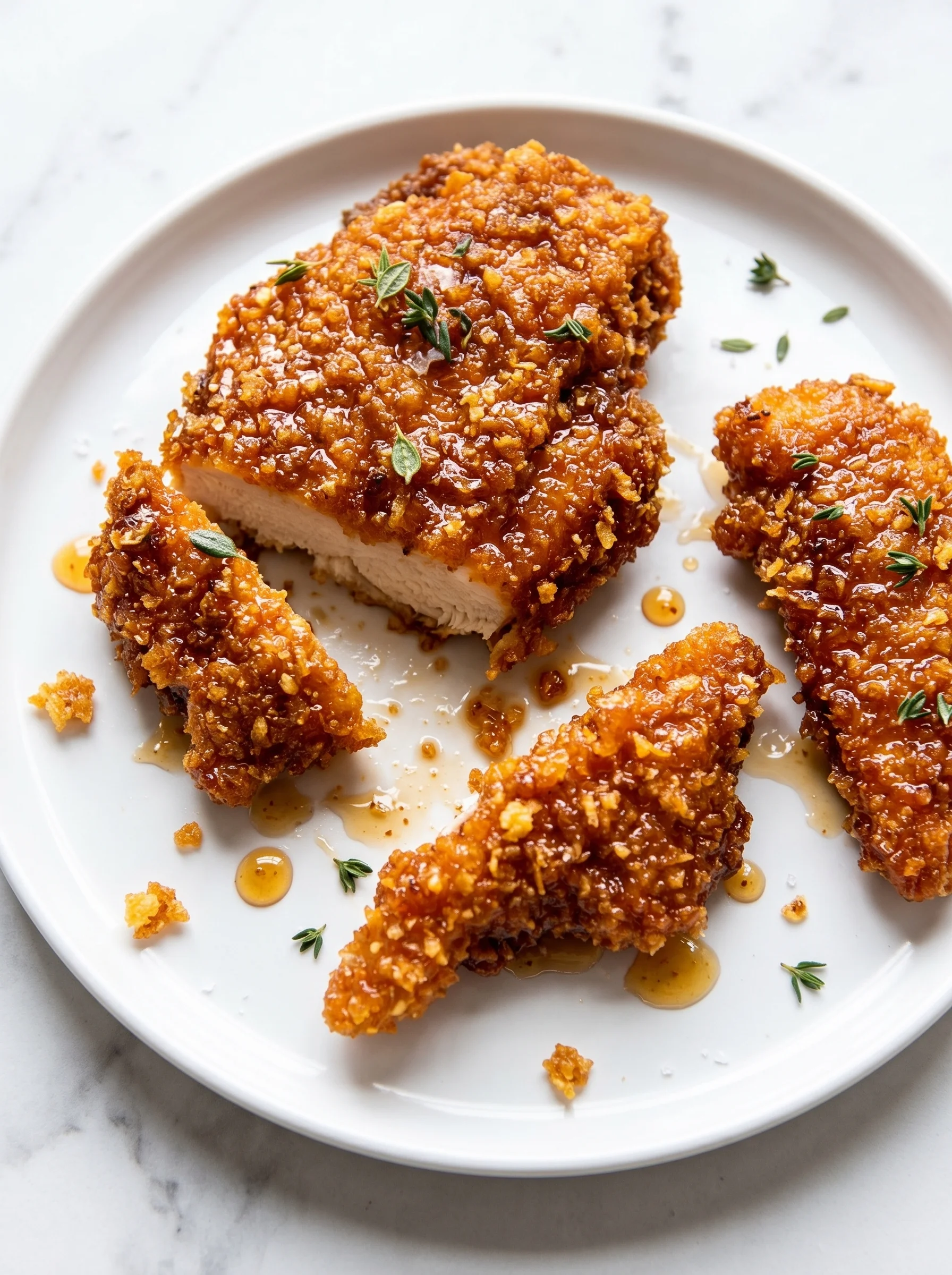 A plate of baked crunchy hot honey chicken.