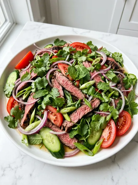 A plate of Thai beef salad with onions, cucumbers, and tomatoes.