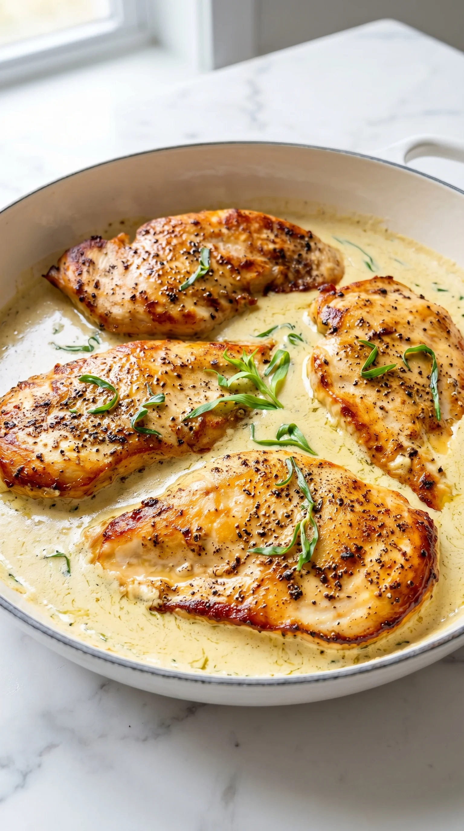 A dish of chicken with tarragon sauce.