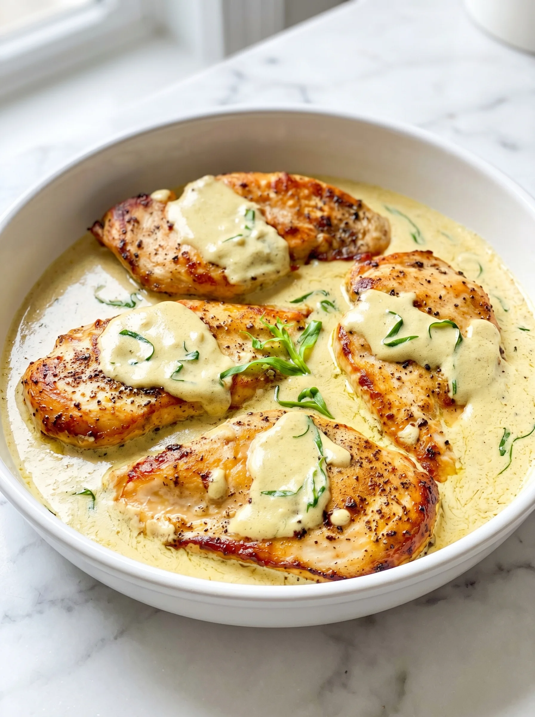 A bowl of chicken with sauce.