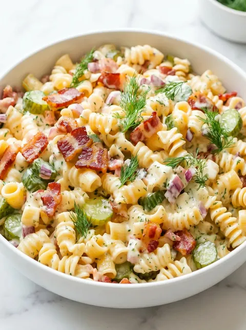A bowl of pasta salad with bacon and dill pickles.