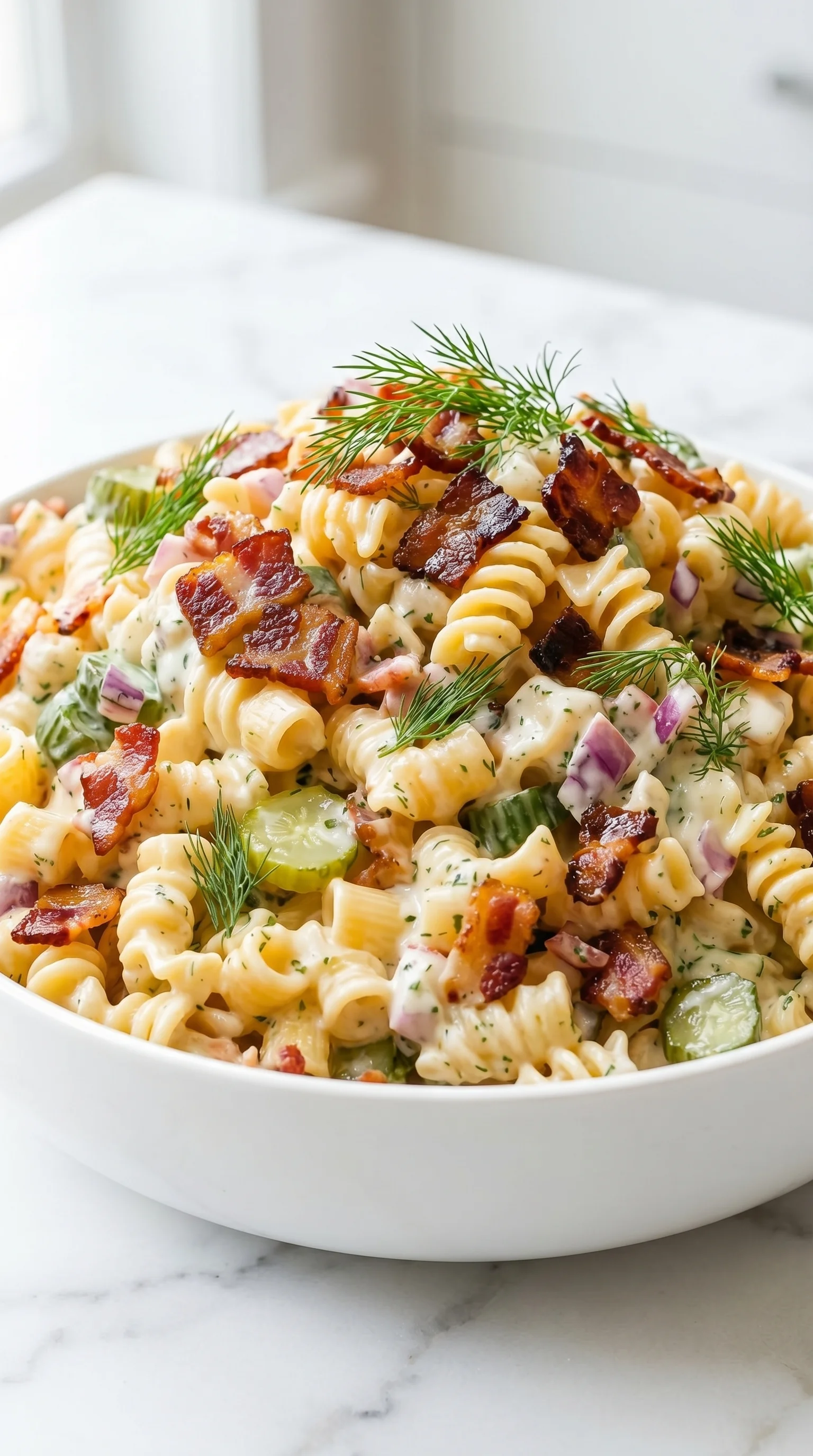 A bowl of delicious pasta salad with bacon and dill pickles.