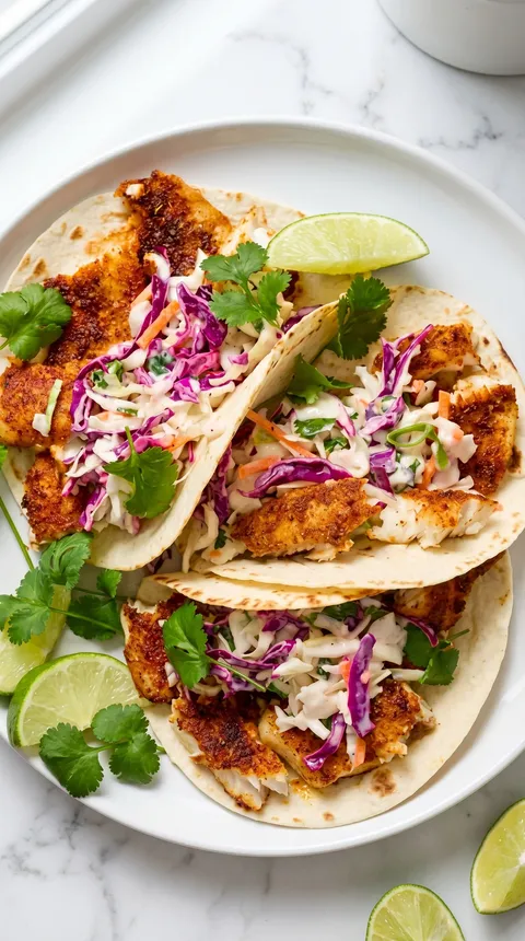 Air fryer fish tacos with cilantro lime slaw.
