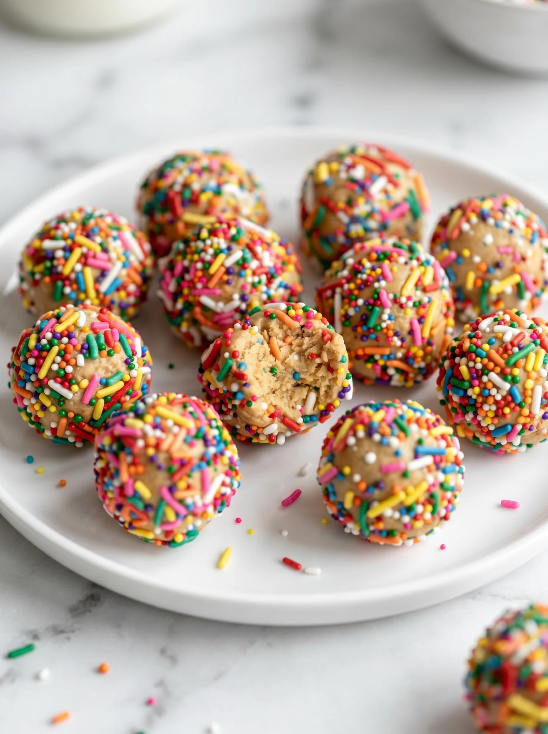 A plate of protein balls made from cake batter.