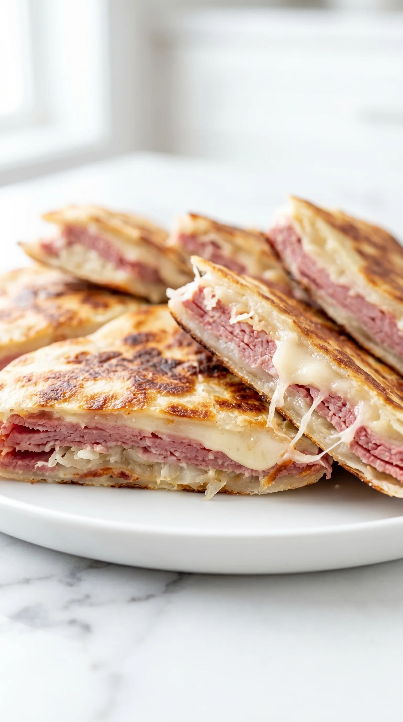 A plate of corned beef and Swiss Reuben quesadillas.