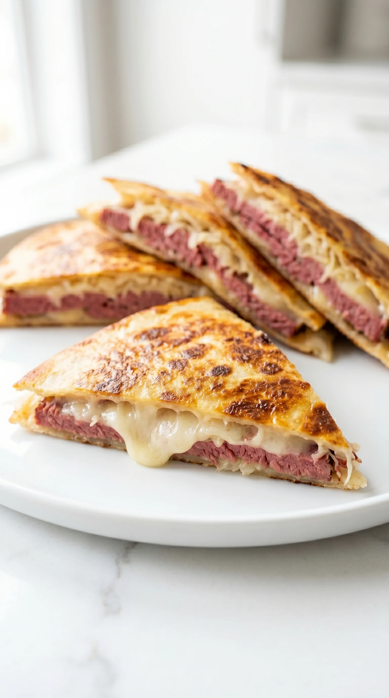 Three pieces of corned beef and Swiss Reuben quesadillas.