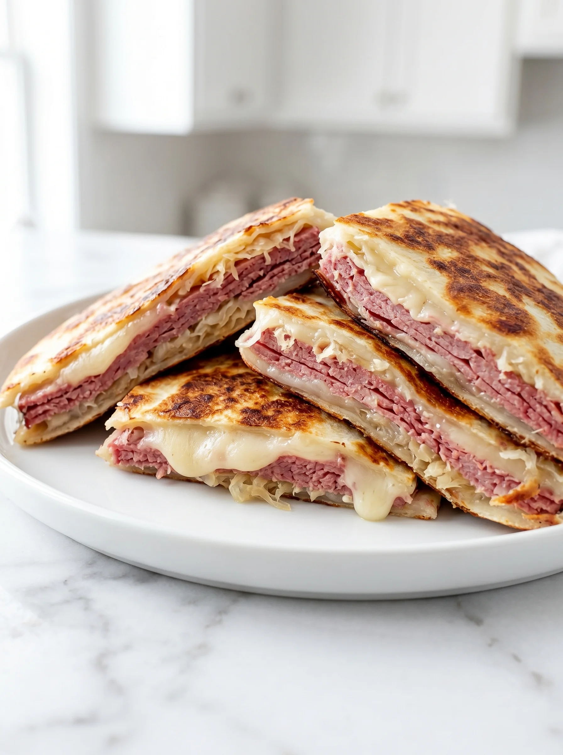A plate of corned beef and yummy swiss reuben quesadillas.