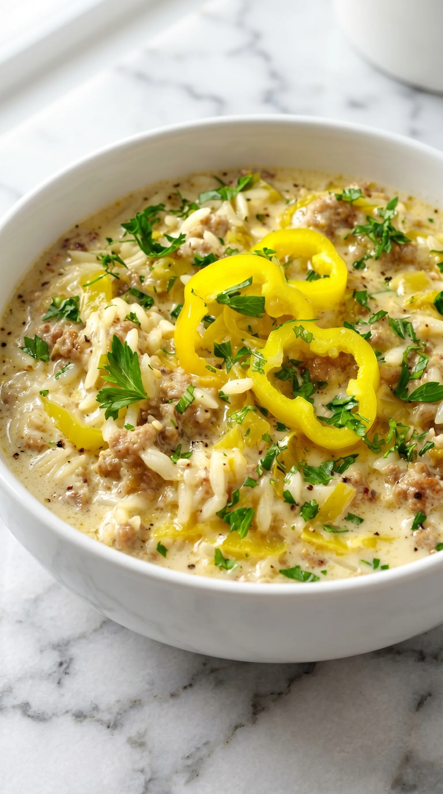 A bowl of soup with yellow peppers and orzo.