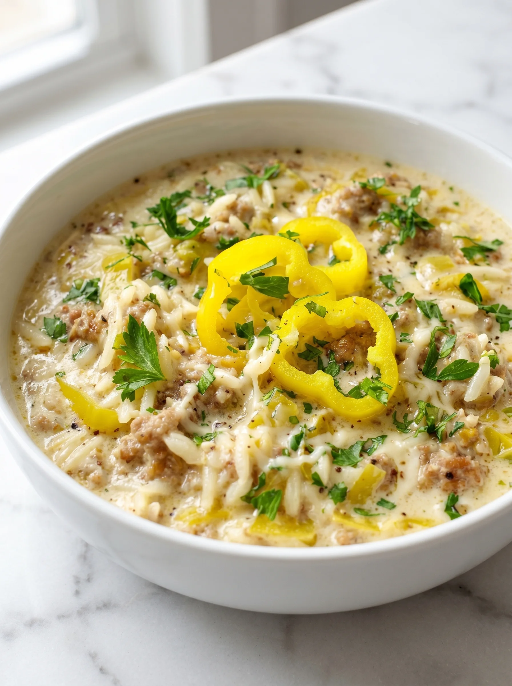 A bowl of soup with peppers and noodles.