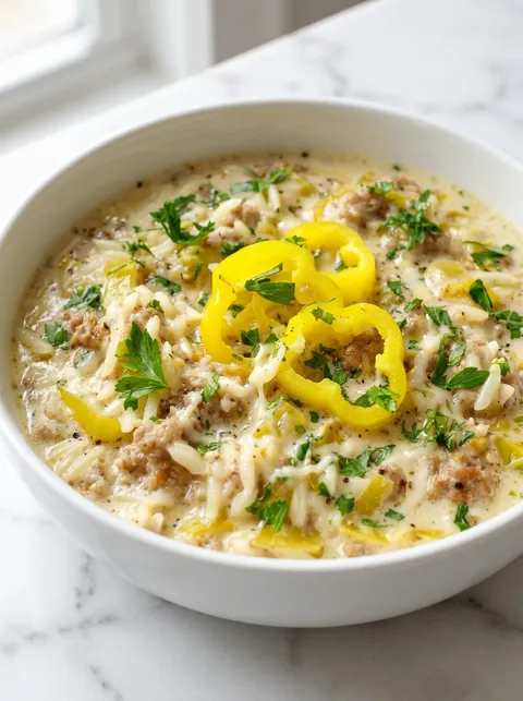A bowl of soup with peppers and noodles.
