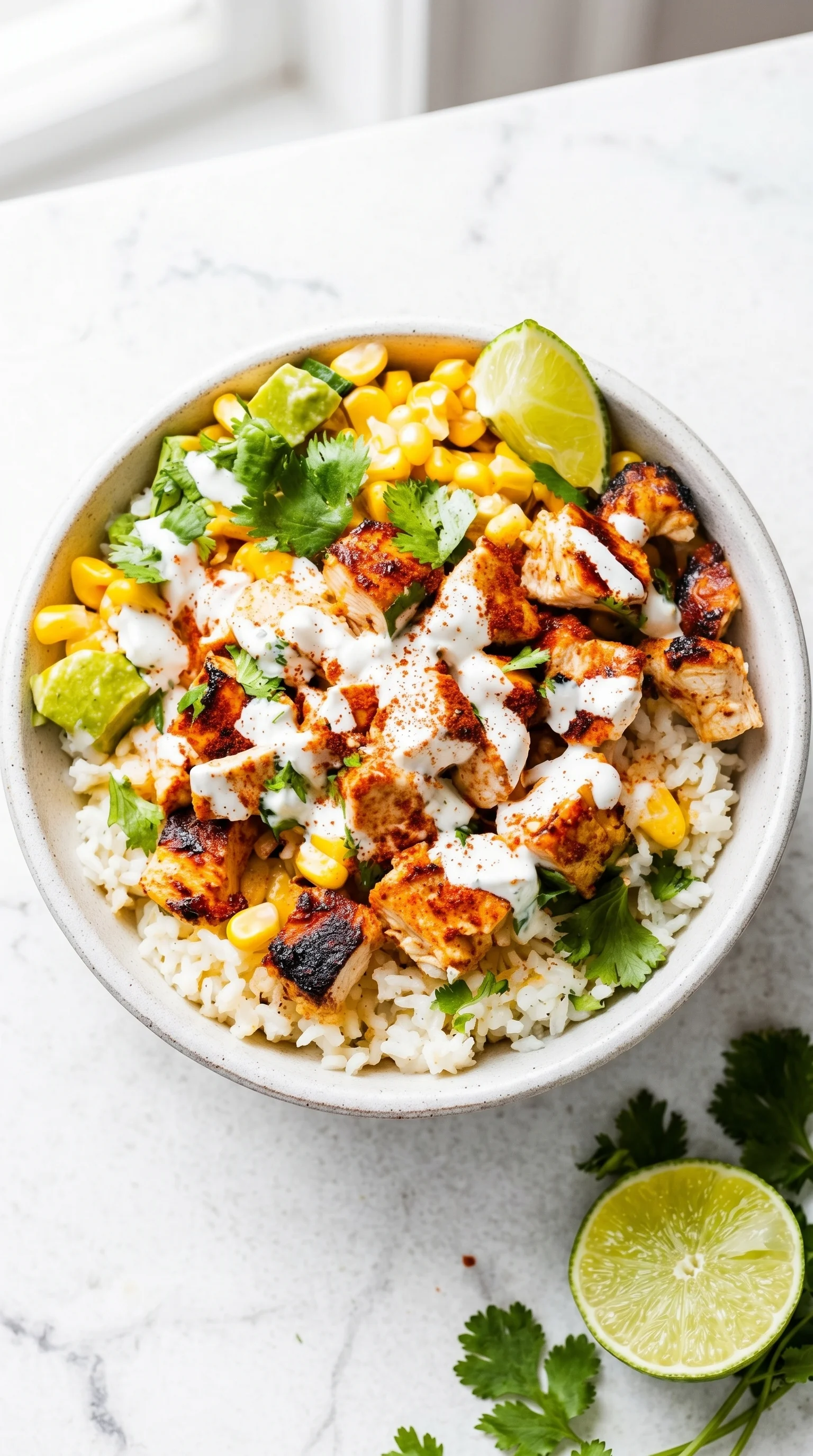 A bowl of rice with chicken and corn.