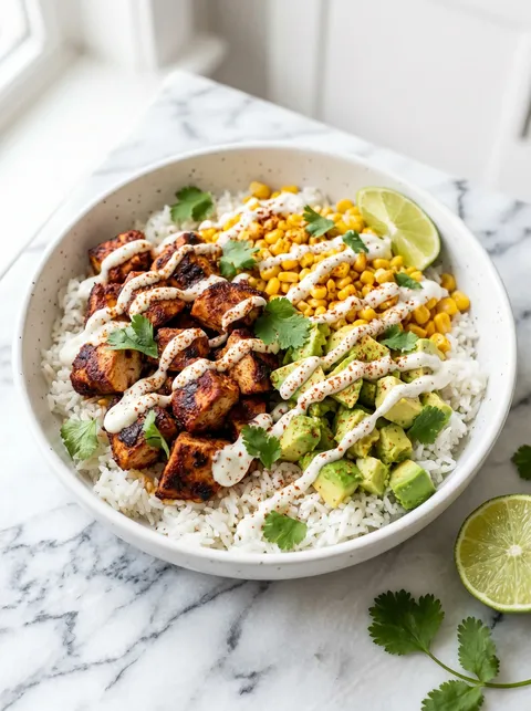 A bowl of rice with chicken.