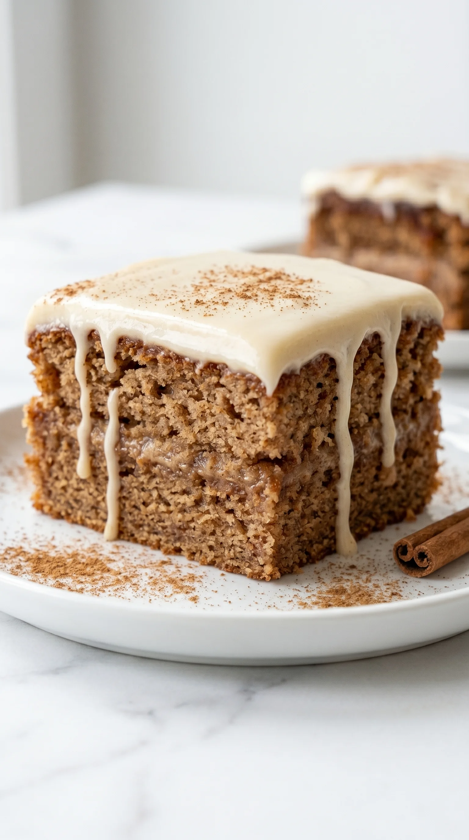 A slice of cake with cinnamon cream cheese frosting.
