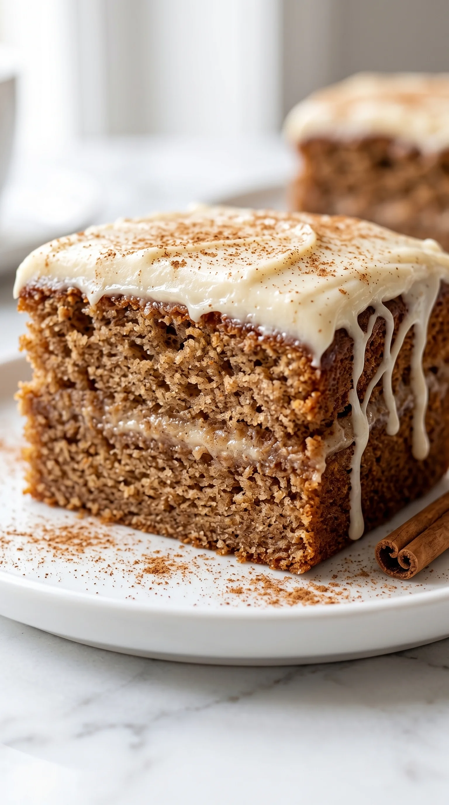 A slice of yummy cake with cinnamon cream cheese frosting.
