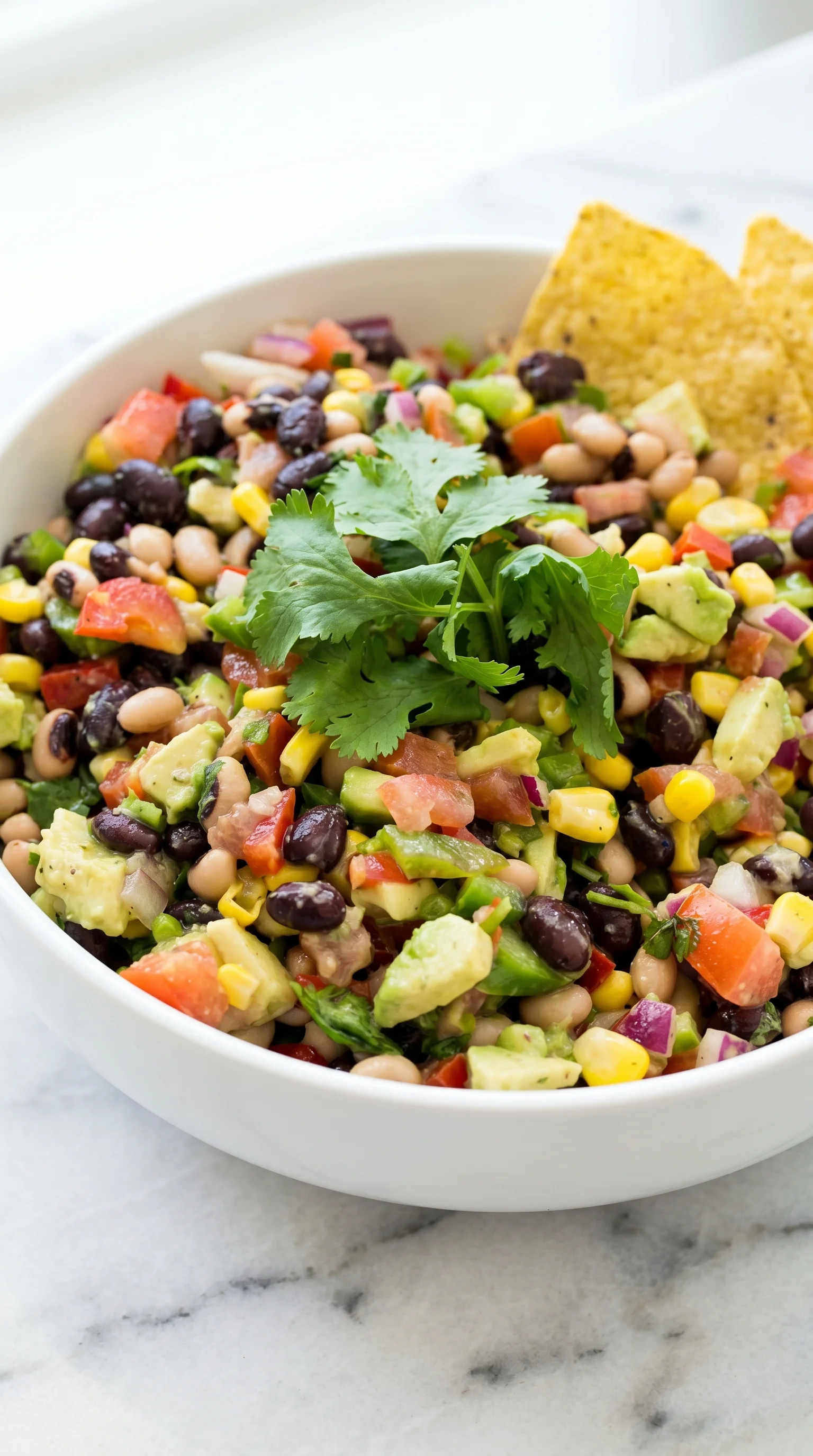 A bowl of cowboy caviar with black beans, corn, tomatoes, and avocado.