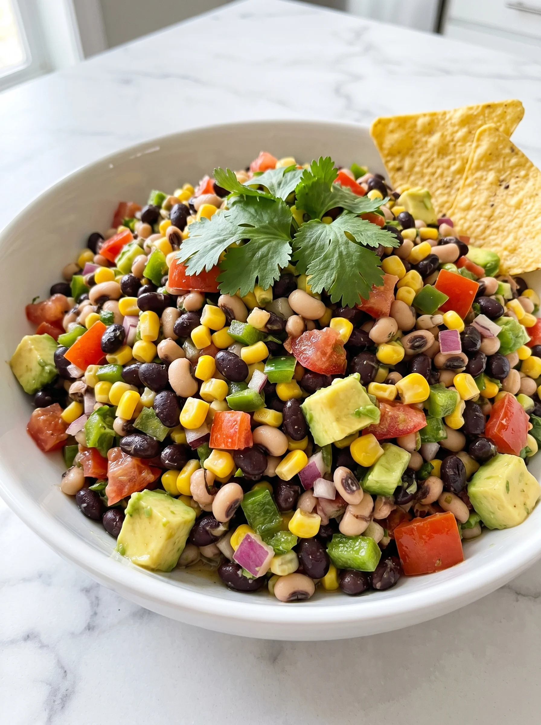 A bowl of cowboy caviar with chips on top.