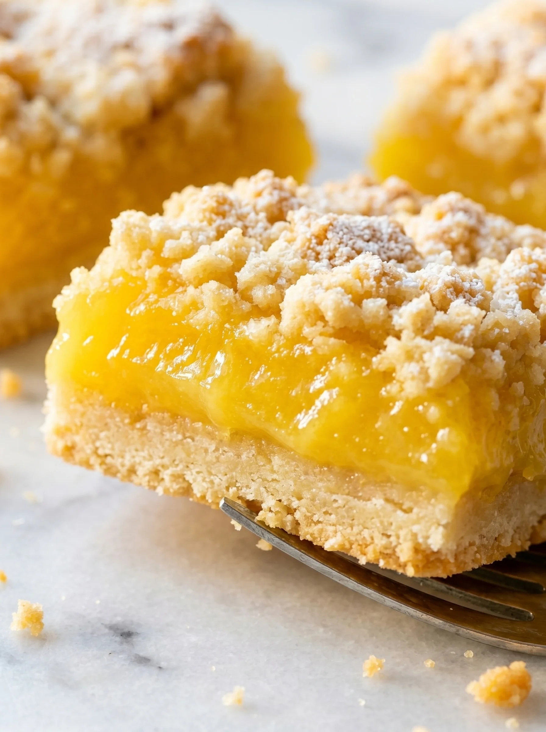A fork is holding a piece of a 3-ingredient lemon bar.